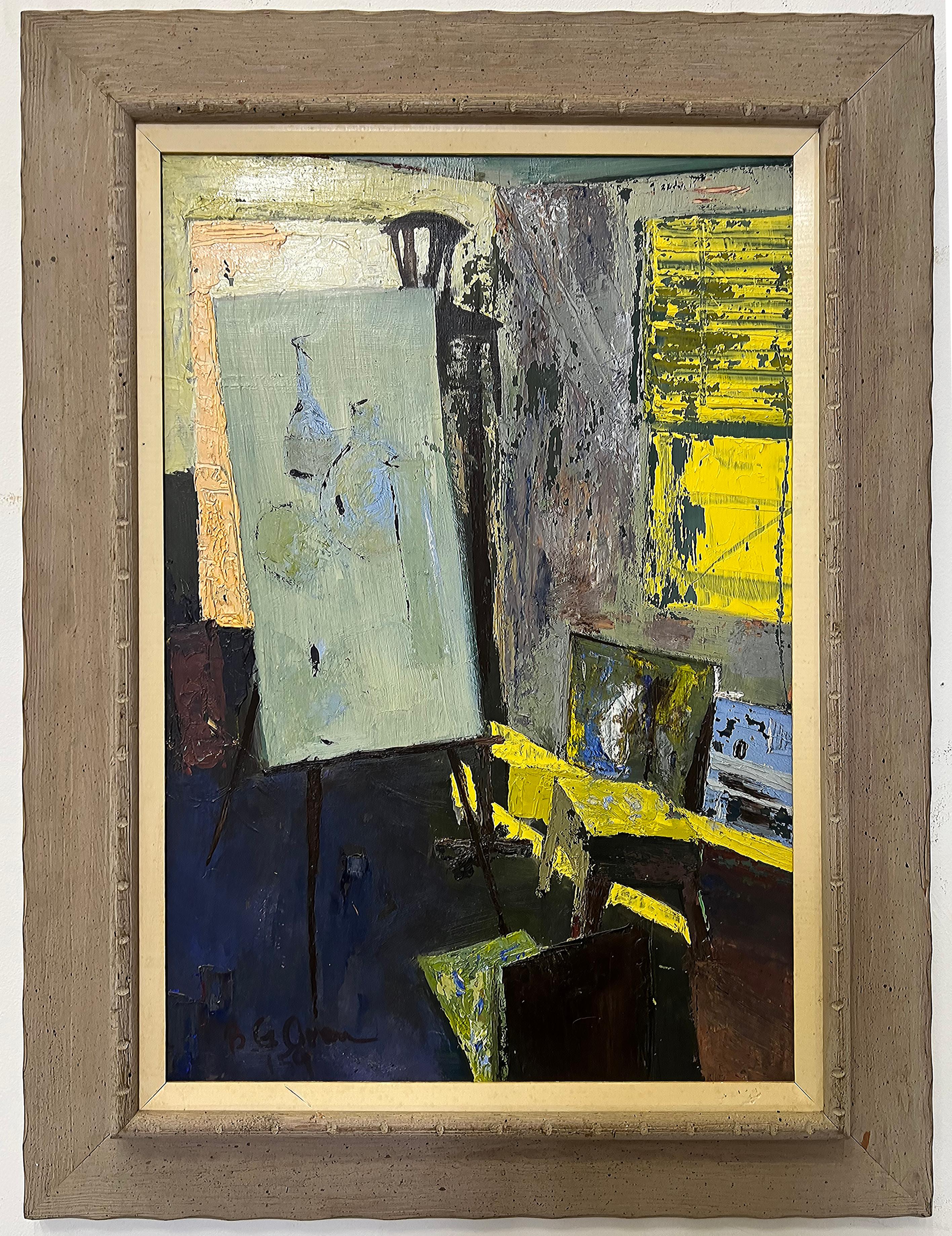 1959 B. G. Orem Mid-century Modern Abstract Oil Painting of His Studio For Sale 2