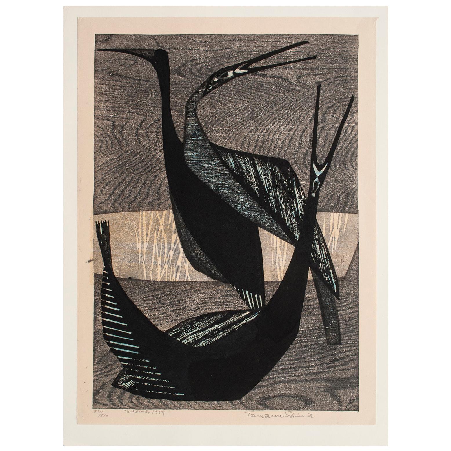 1959 "Bird-B" Woodblock Print by Shima Tamami, Japan