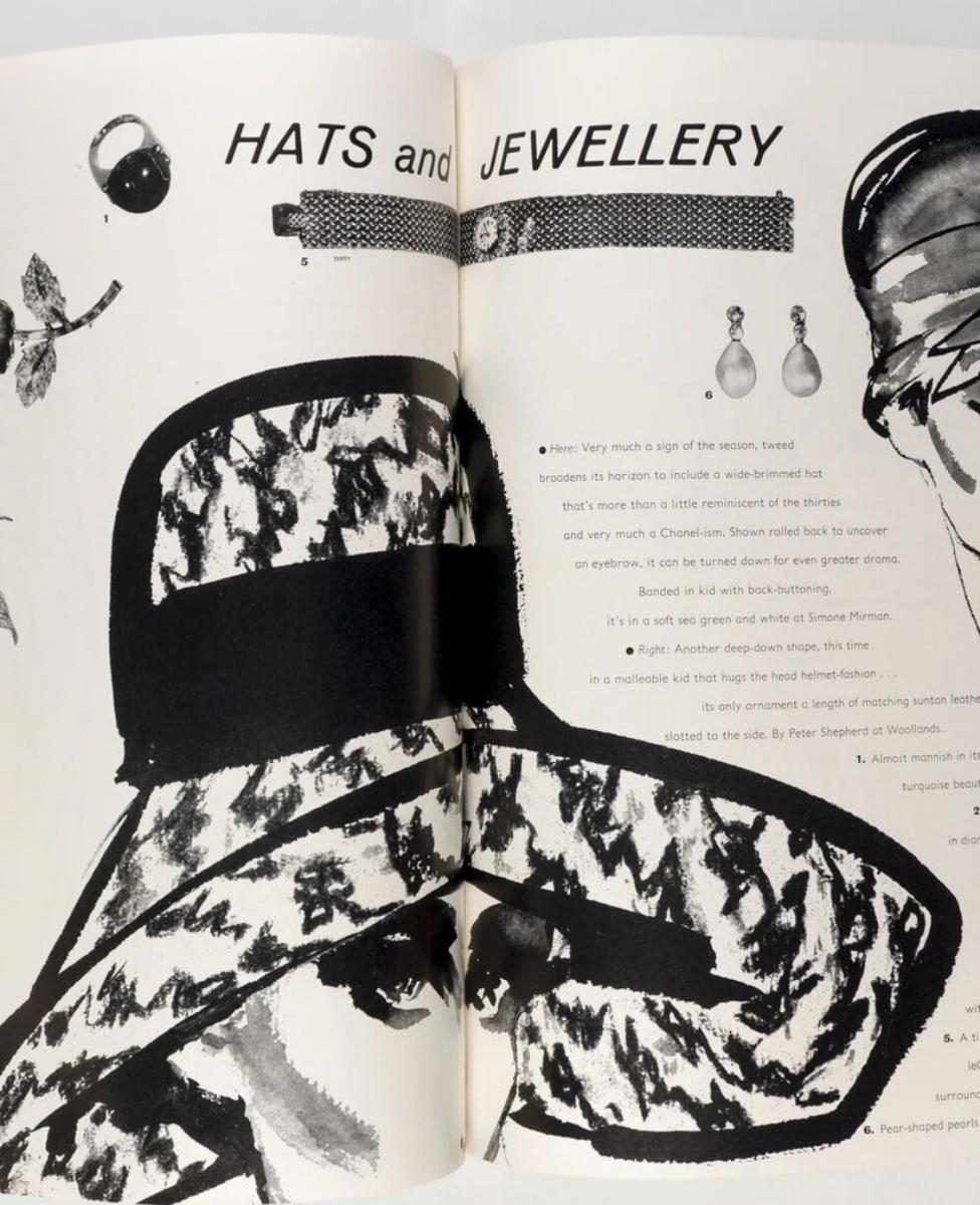 1959 British Vogue magazine featuring

On cover: Suzanne Kinnear with a Daimler SP250, wearing a Kashmoor coat, Otto Lucas beret and Cartier jewels, November 1959. Photographer: Norman Parkinson

Condition: vintage, 1959, good. The spine has held up