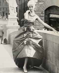 1959 Carosa Roma Iridescent Blue-Green Strapless Rose Gown