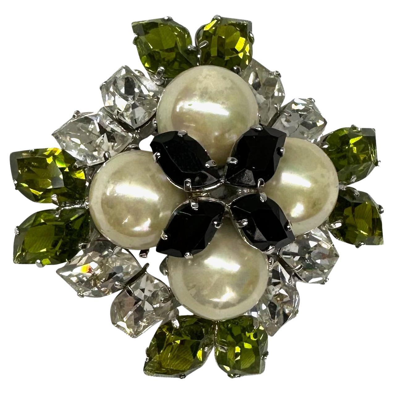 1959 Christian Dior Faux Pearl Green Crystal Costume Brooch  For Sale