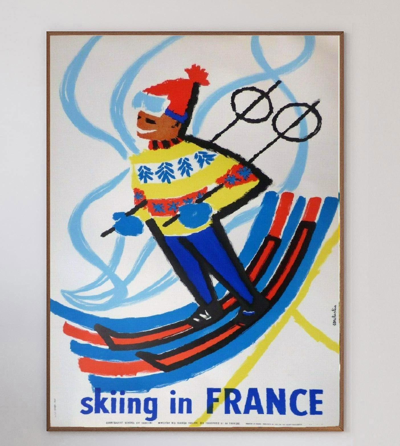 Beautifully illustrated and exceptionally maintained, this Skiing In France poster was created by the French Tourism Board to advertise ski holidays in the country in 1959.

With artwork by Constantin and printed by Courbet in Paris, the colourful