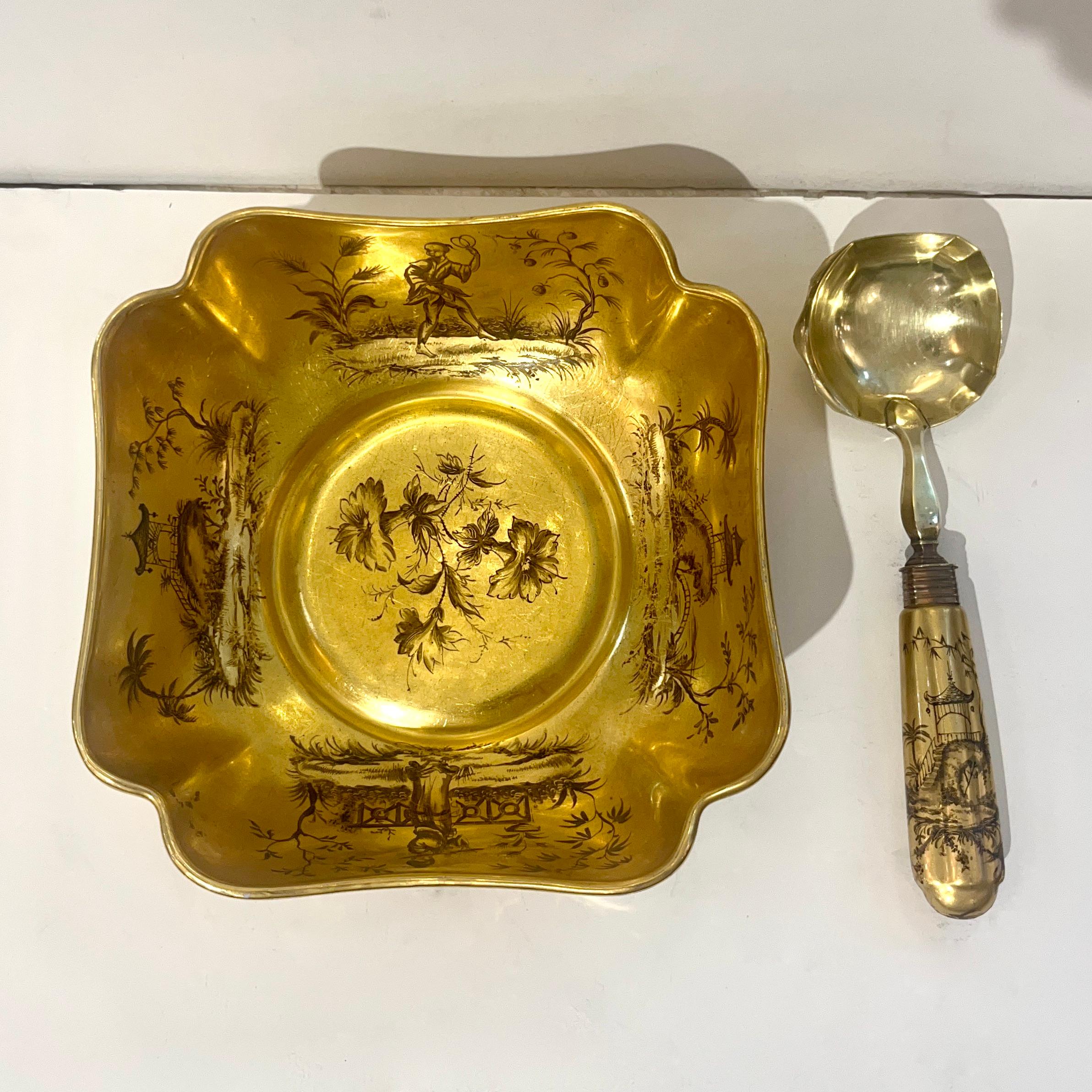 Mid-Century Modern French Gilded Ceramic Bowl & Spoon with Black Chinese Pattern For Sale 8