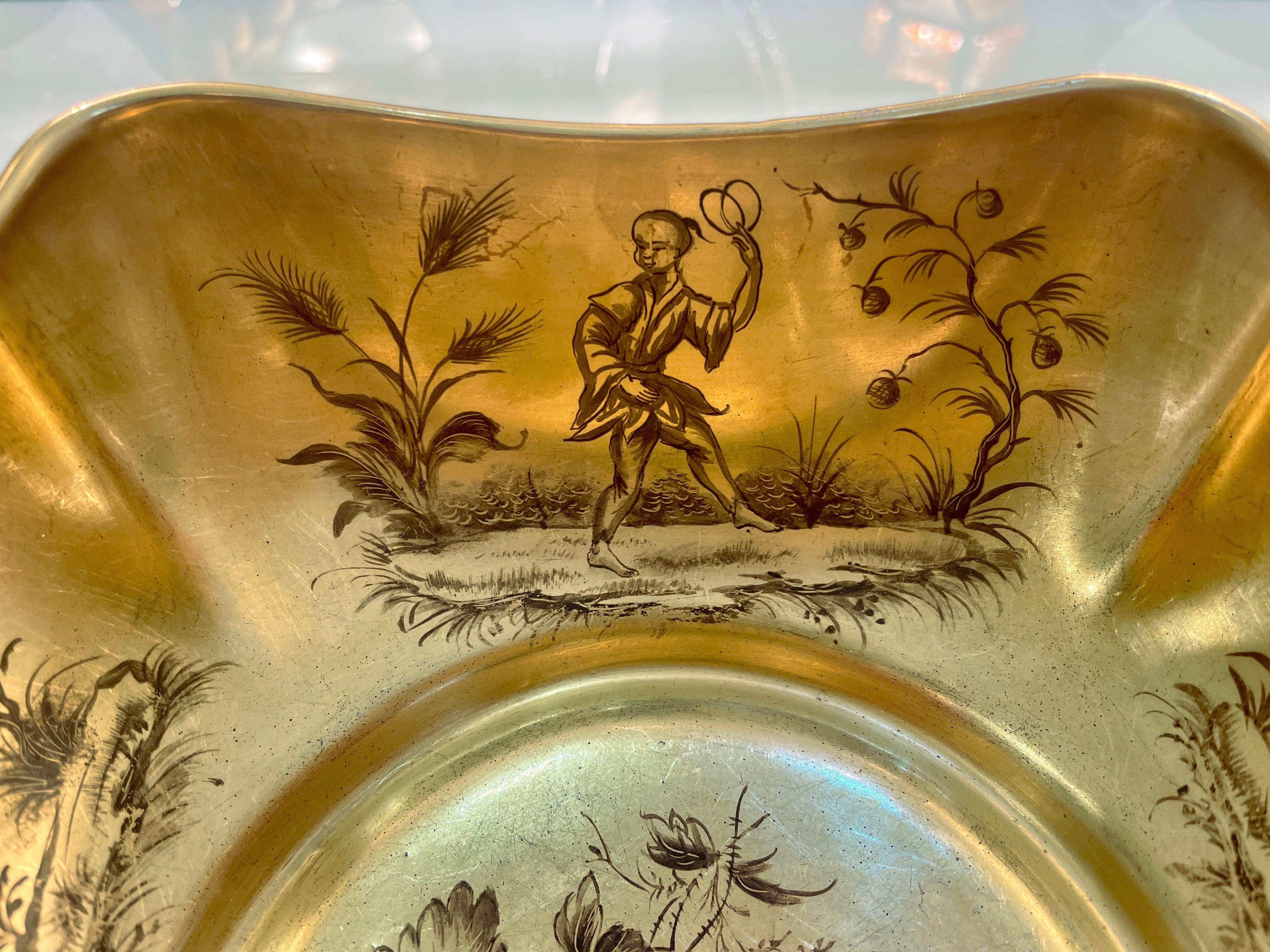 Mid-Century Modern French Gilded Ceramic Bowl & Spoon with Black Chinese Pattern For Sale 10
