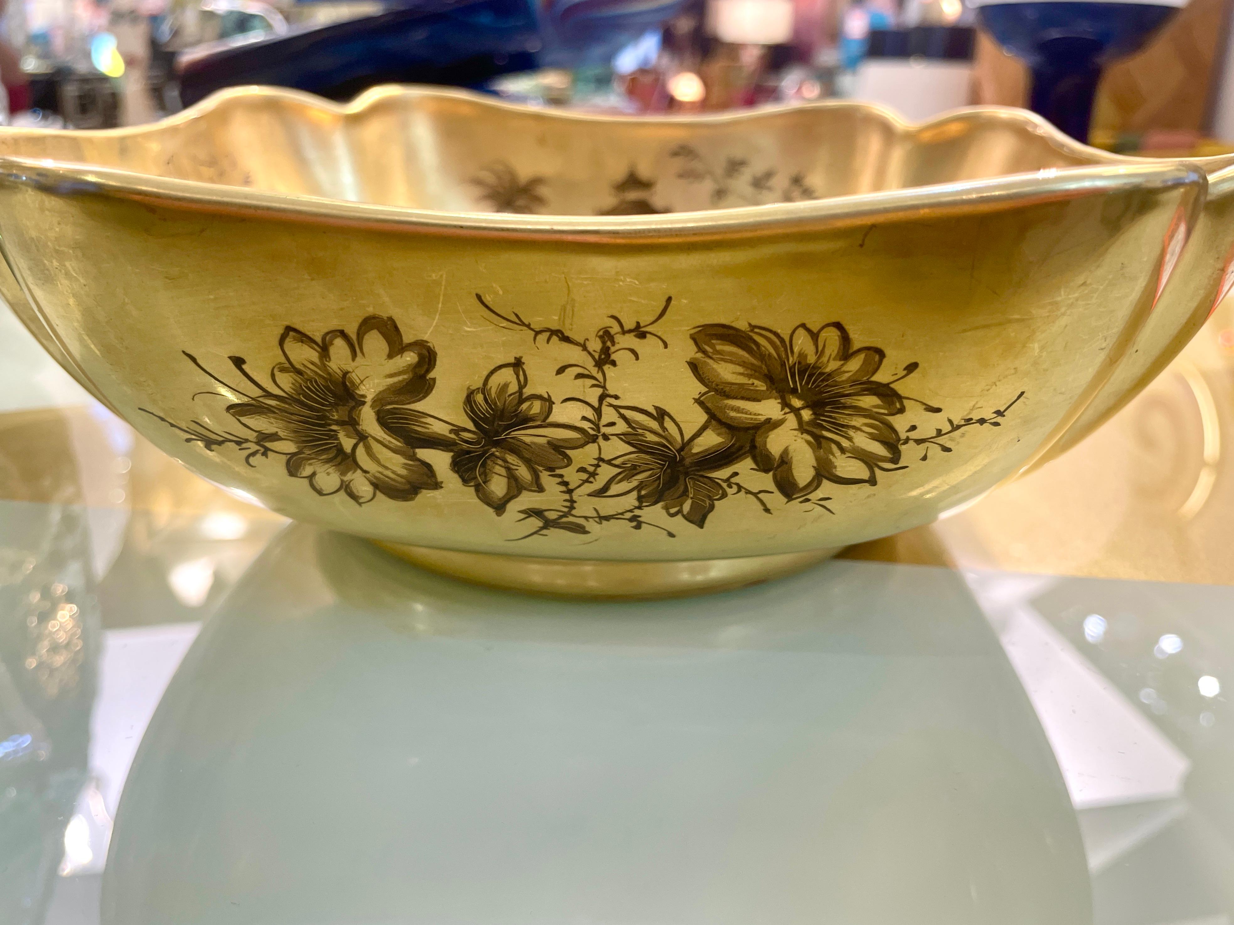 Mid-Century Modern French Gilded Ceramic Bowl & Spoon with Black Chinese Pattern For Sale 13