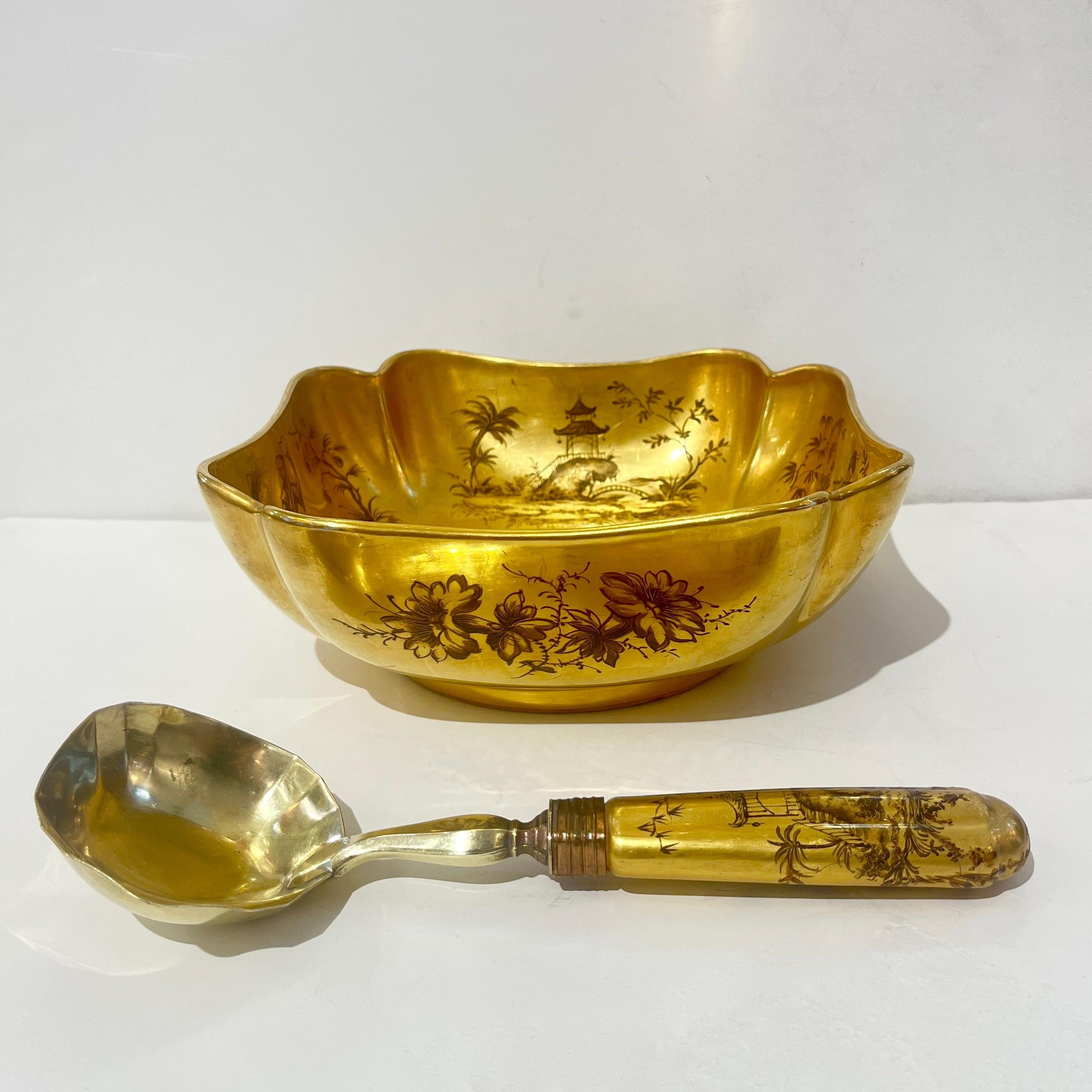 Very rare French set,  one-of-a-kind bowl with spoon, dated 1959 and signed Le Tallec, the prestigious porcelain studio in Paris. Every Le Tallec creation is a one-of-a-kind masterpiece and unique—hand-painted and signed by the artist, showcasing