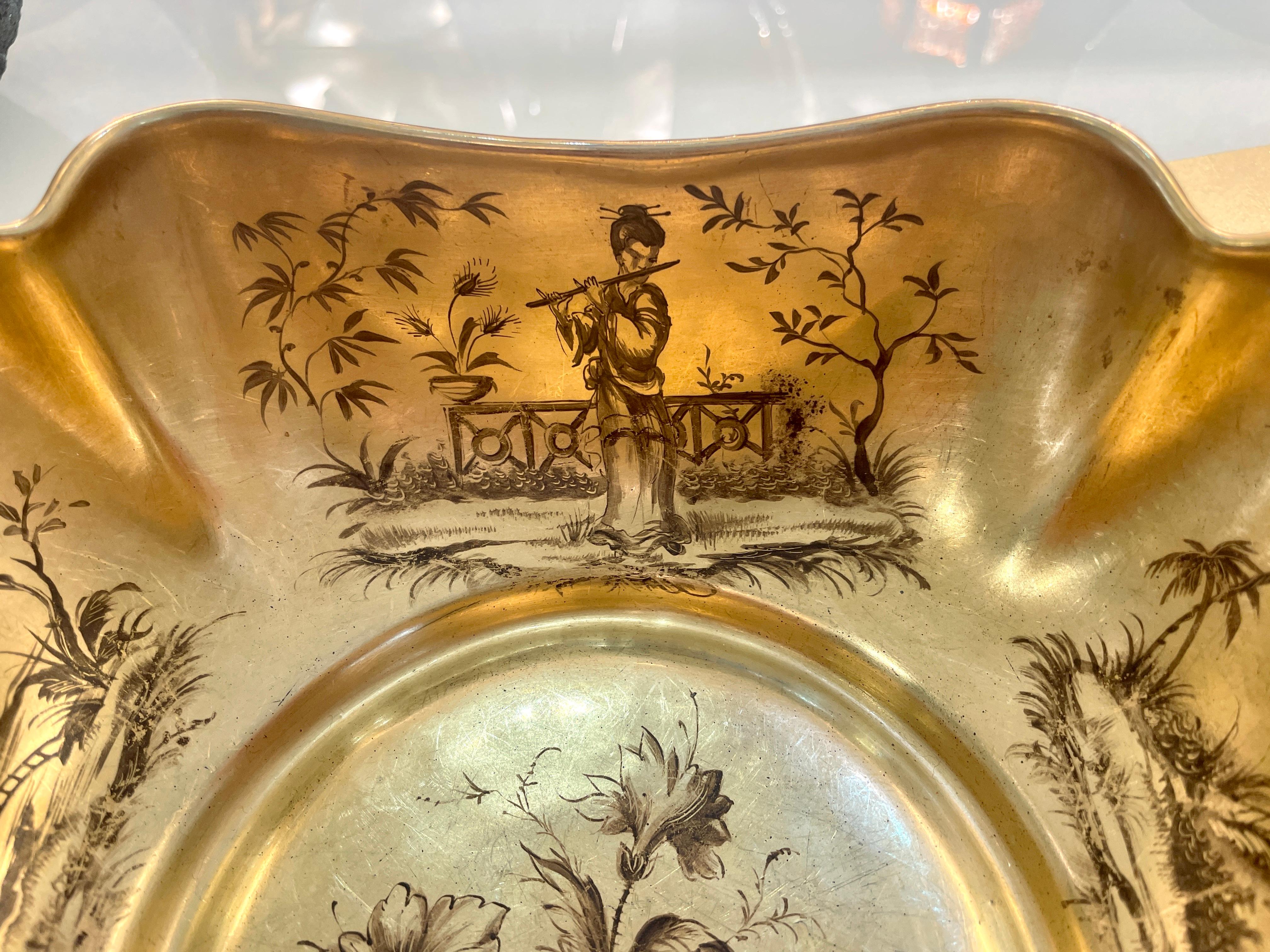 Mid-Century Modern French Gilded Ceramic Bowl & Spoon with Black Chinese Pattern In Good Condition For Sale In New York, NY