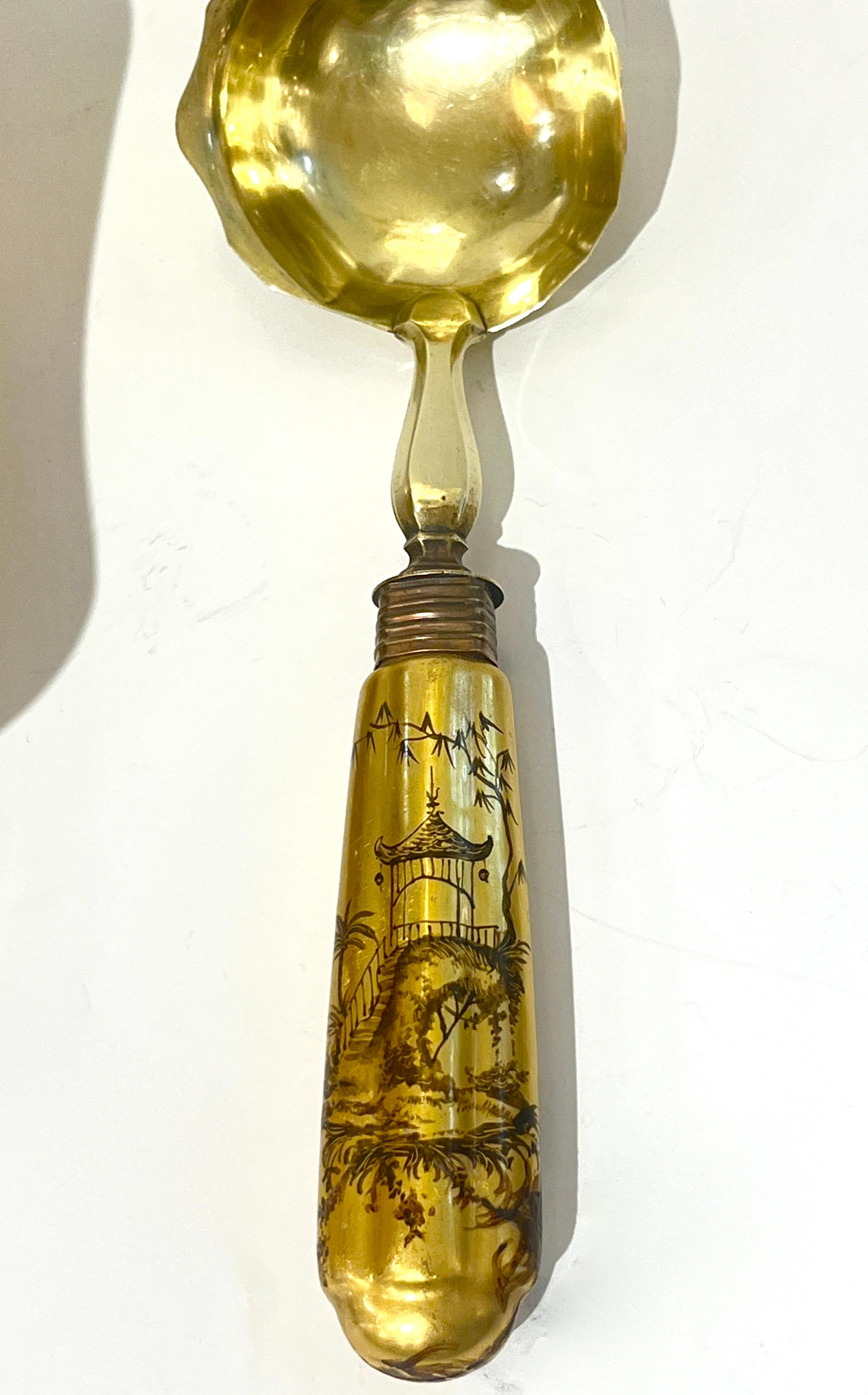 Mid-20th Century Mid-Century Modern French Gilded Ceramic Bowl & Spoon with Black Chinese Pattern For Sale