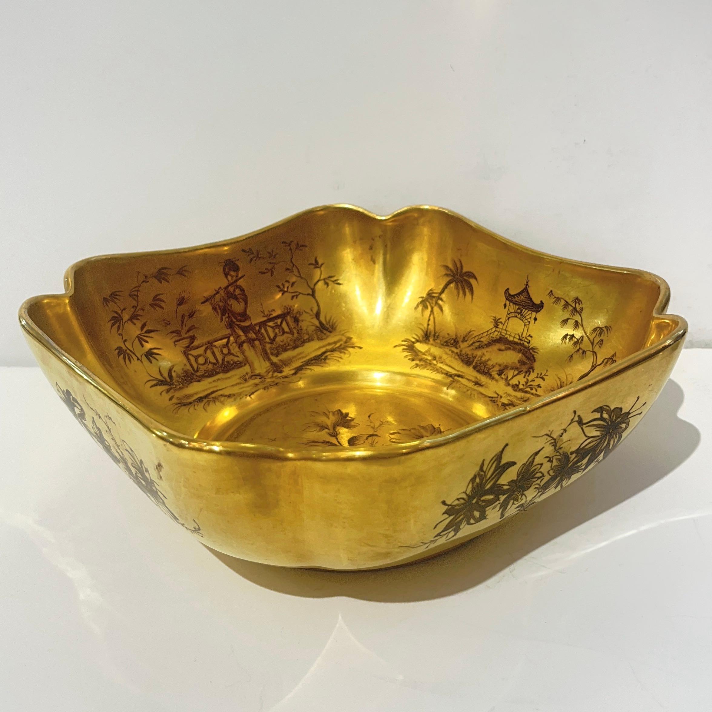 Mid-Century Modern French Gilded Ceramic Bowl & Spoon with Black Chinese Pattern For Sale 1