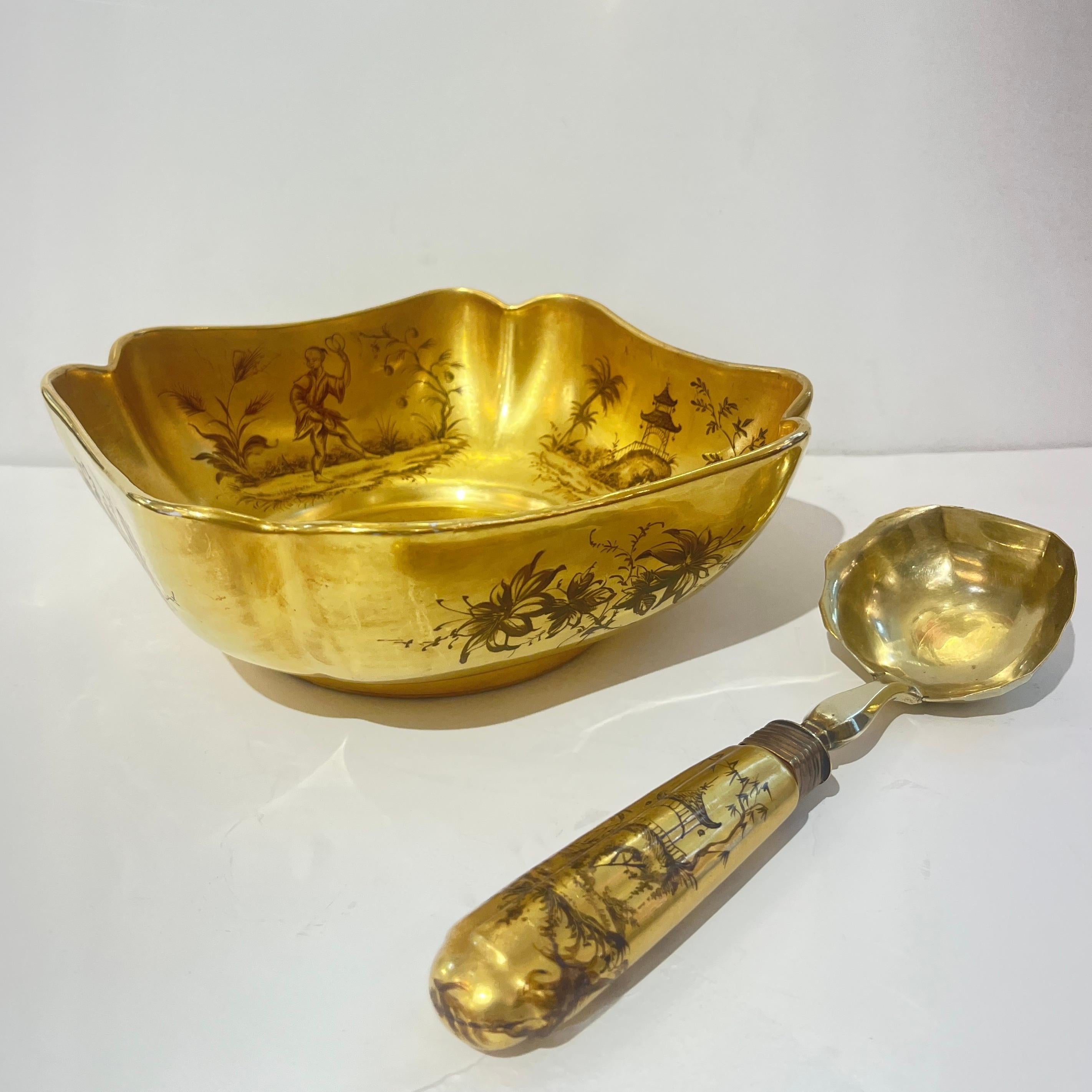 Mid-Century Modern French Gilded Ceramic Bowl & Spoon with Black Chinese Pattern For Sale 3