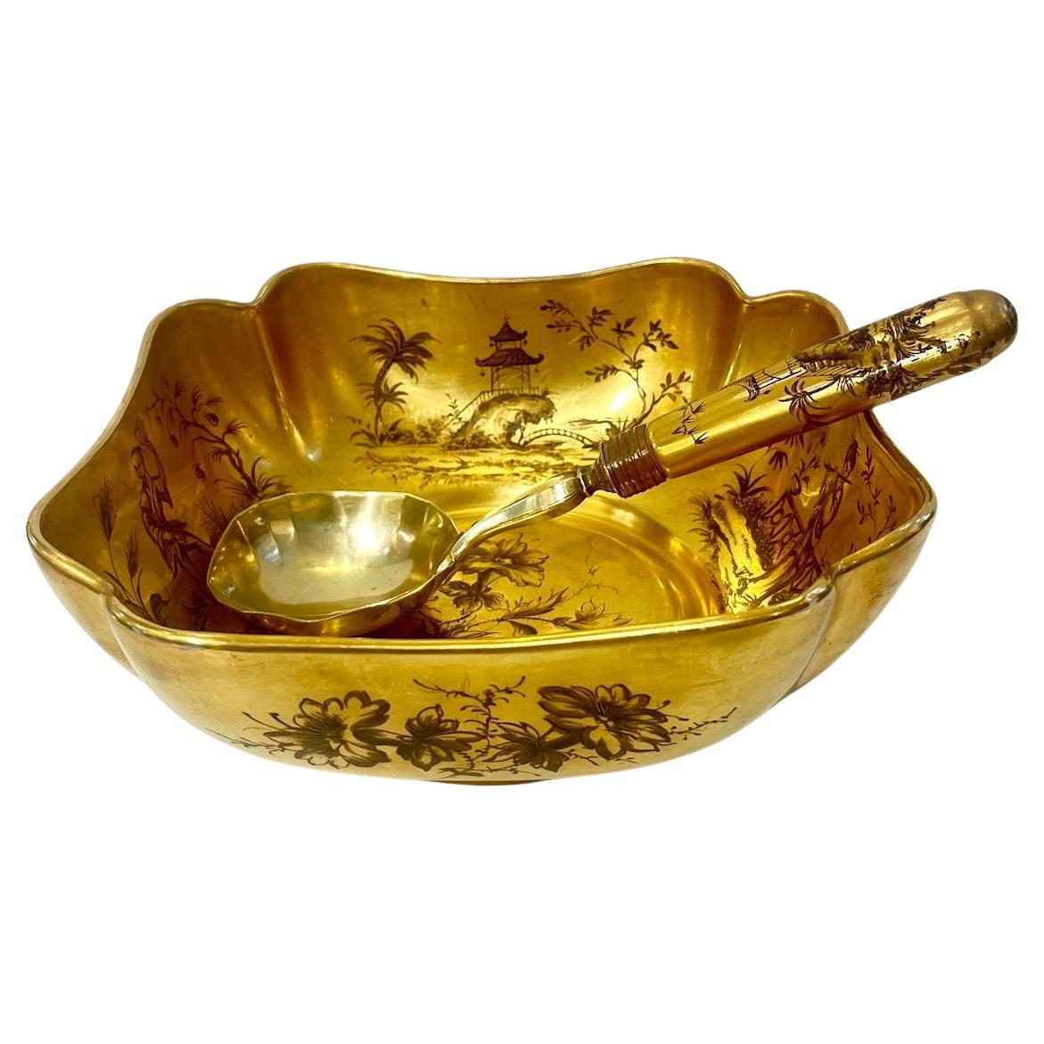 Mid-Century Modern French Gilded Ceramic Bowl & Spoon with Black Chinese Pattern For Sale