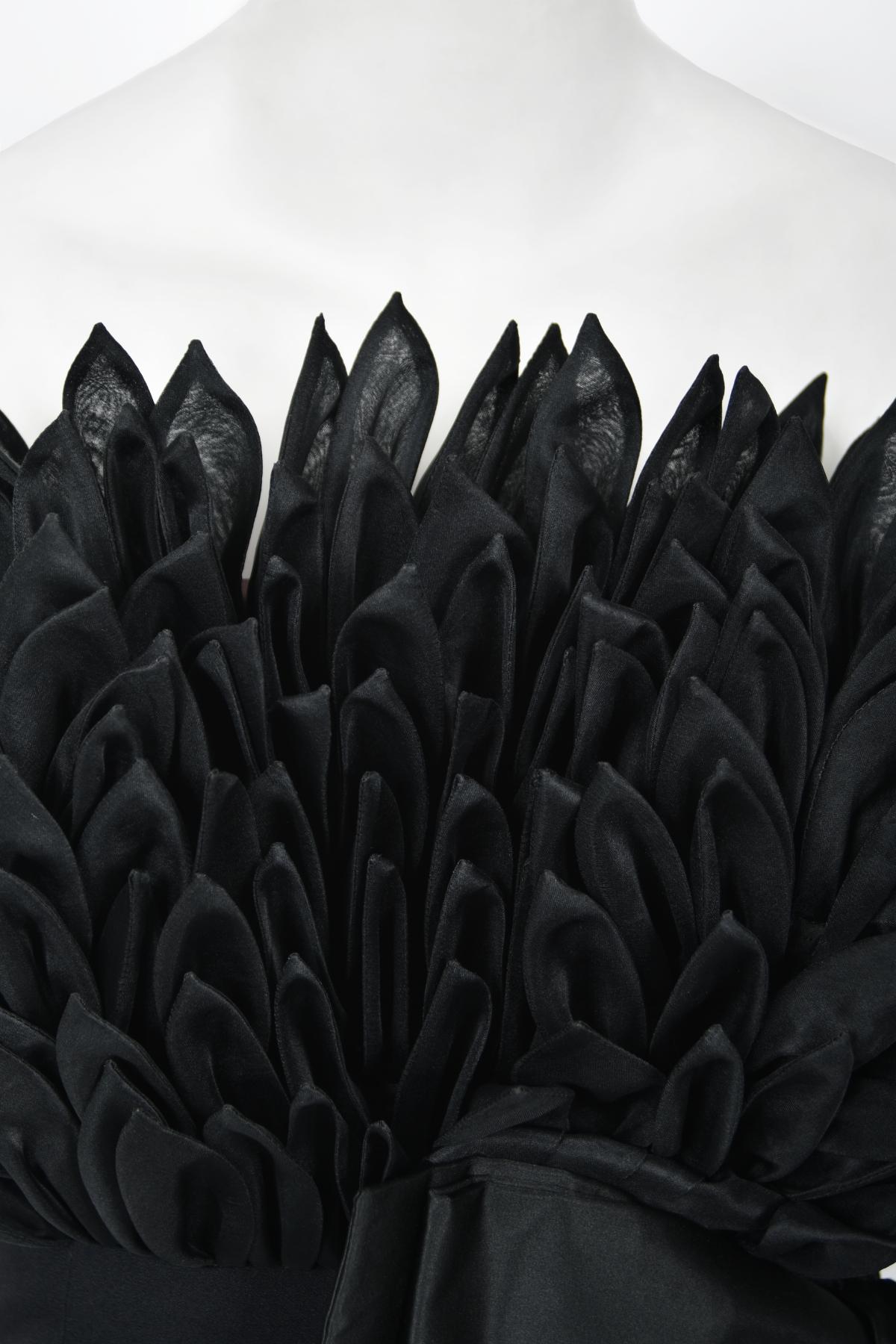 1959 Hall Ludlow Couture Museum-Held Black Silk Appliquéd Petals Hourglass Gown  8