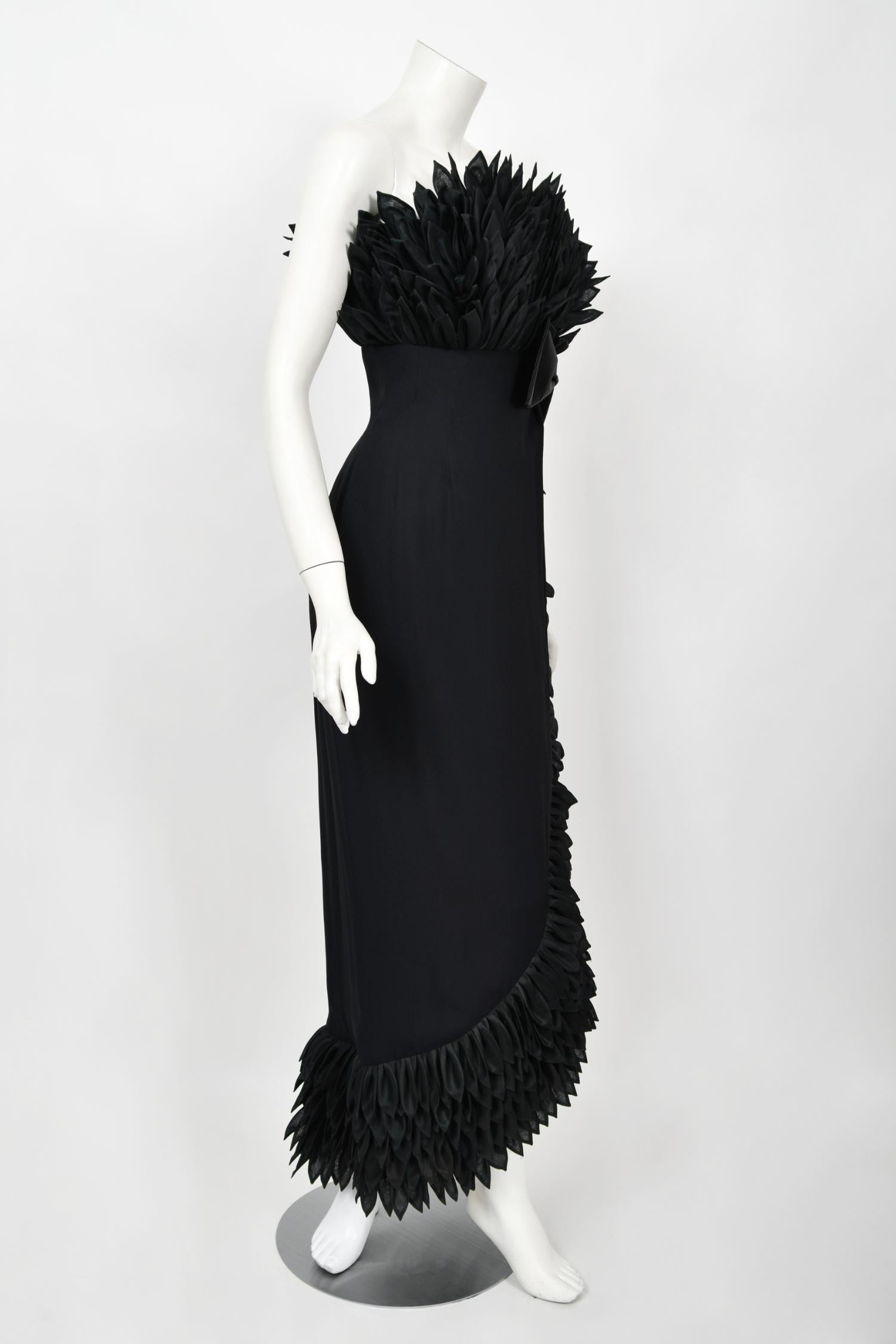 1959 Hall Ludlow Couture Museum-Held Black Silk Appliquéd Petals Hourglass Gown  11