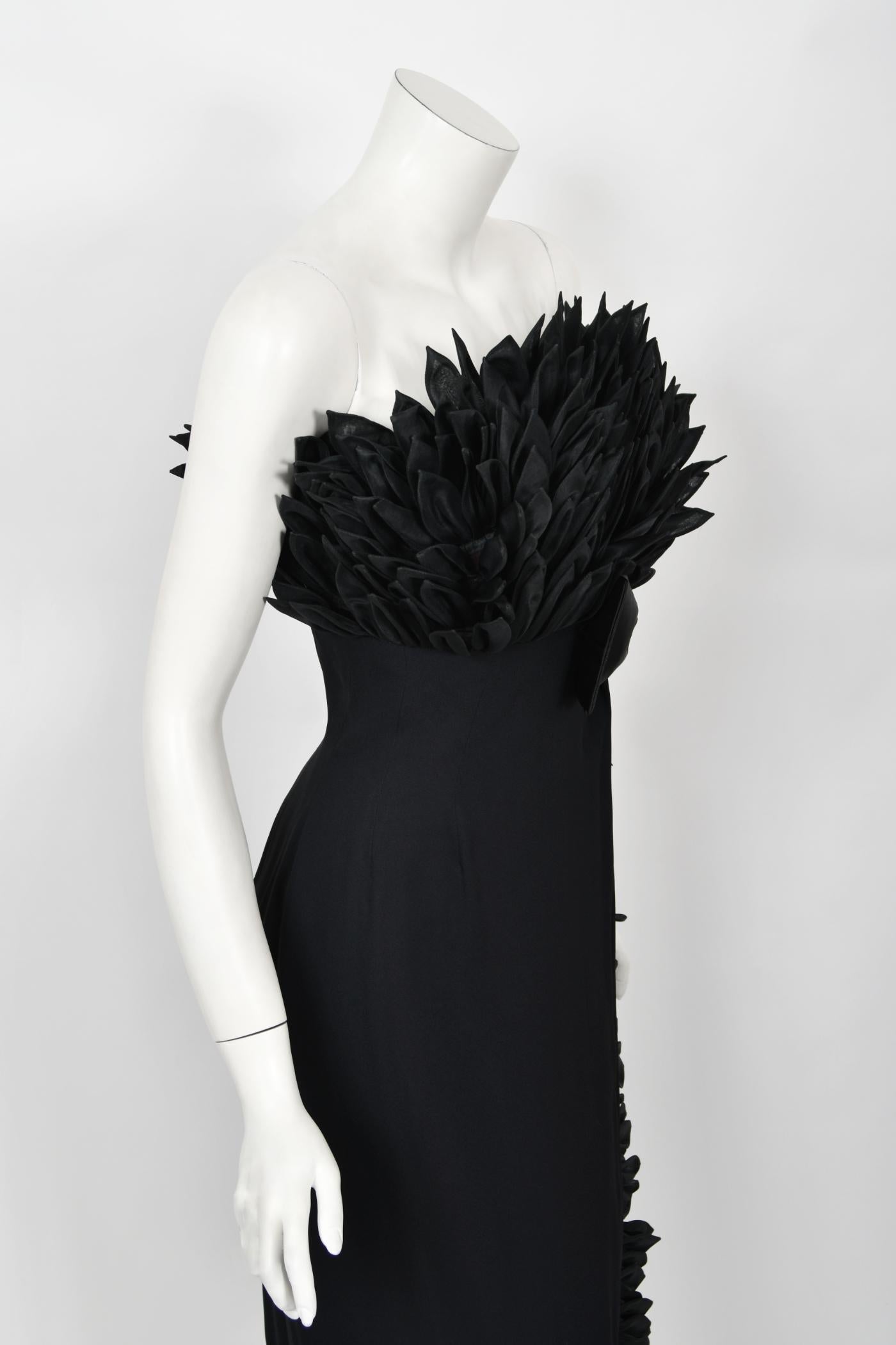 1959 Hall Ludlow Couture Museum-Held Black Silk Appliquéd Petals Hourglass Gown  12