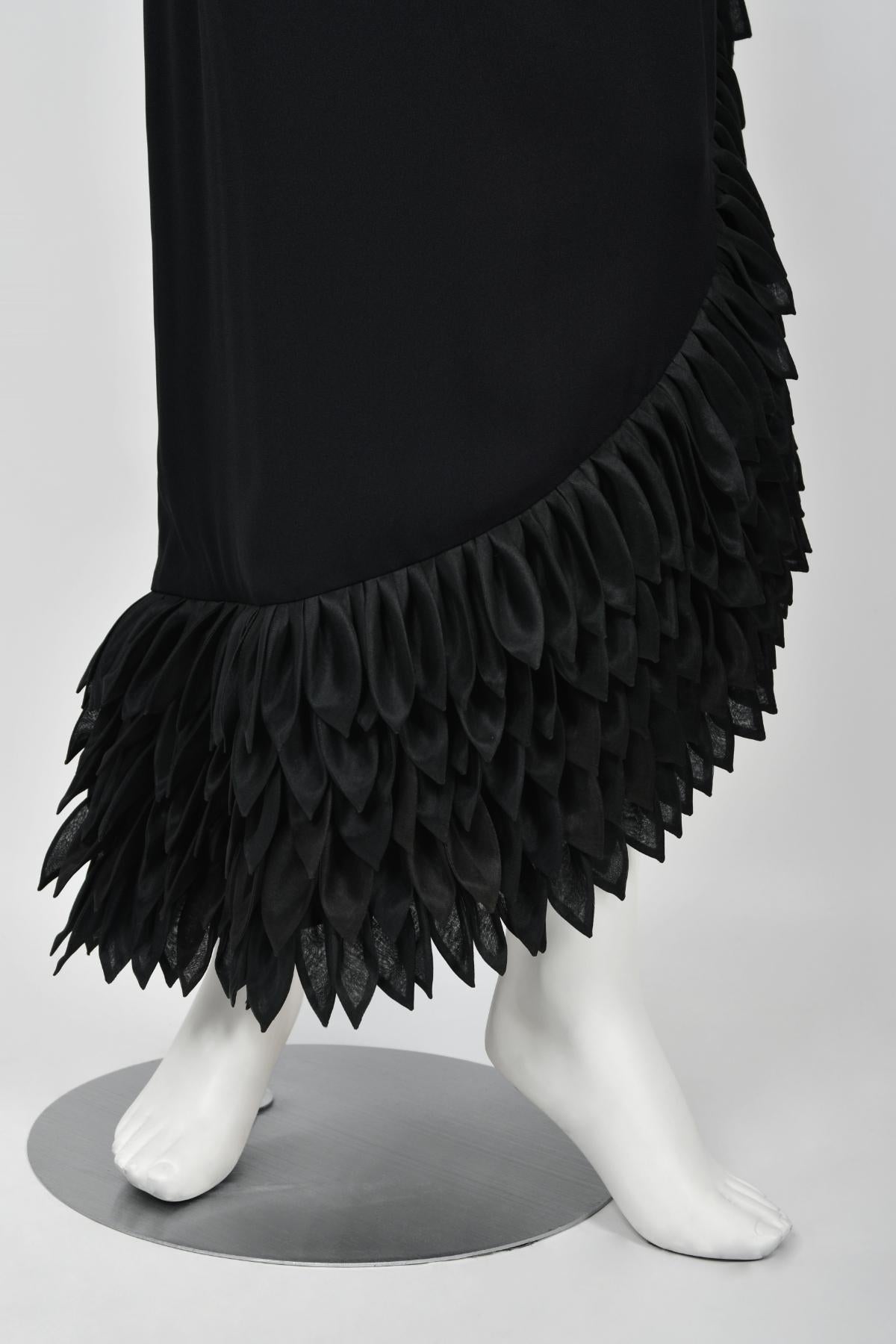 1959 Hall Ludlow Couture Museum-Held Black Silk Appliquéd Petals Hourglass Gown  13