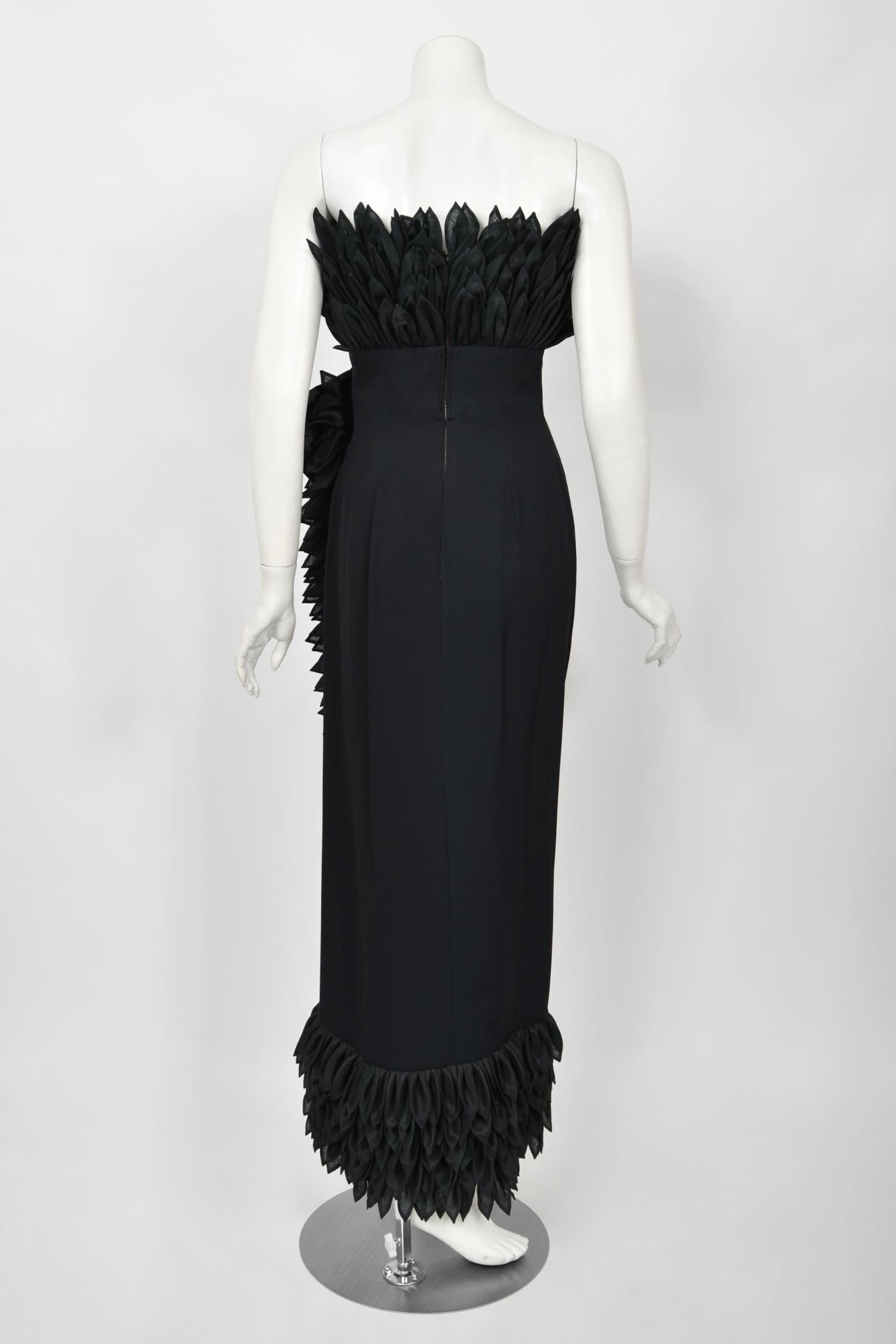 1959 Hall Ludlow Couture Museum-Held Black Silk Appliquéd Petals Hourglass Gown  14
