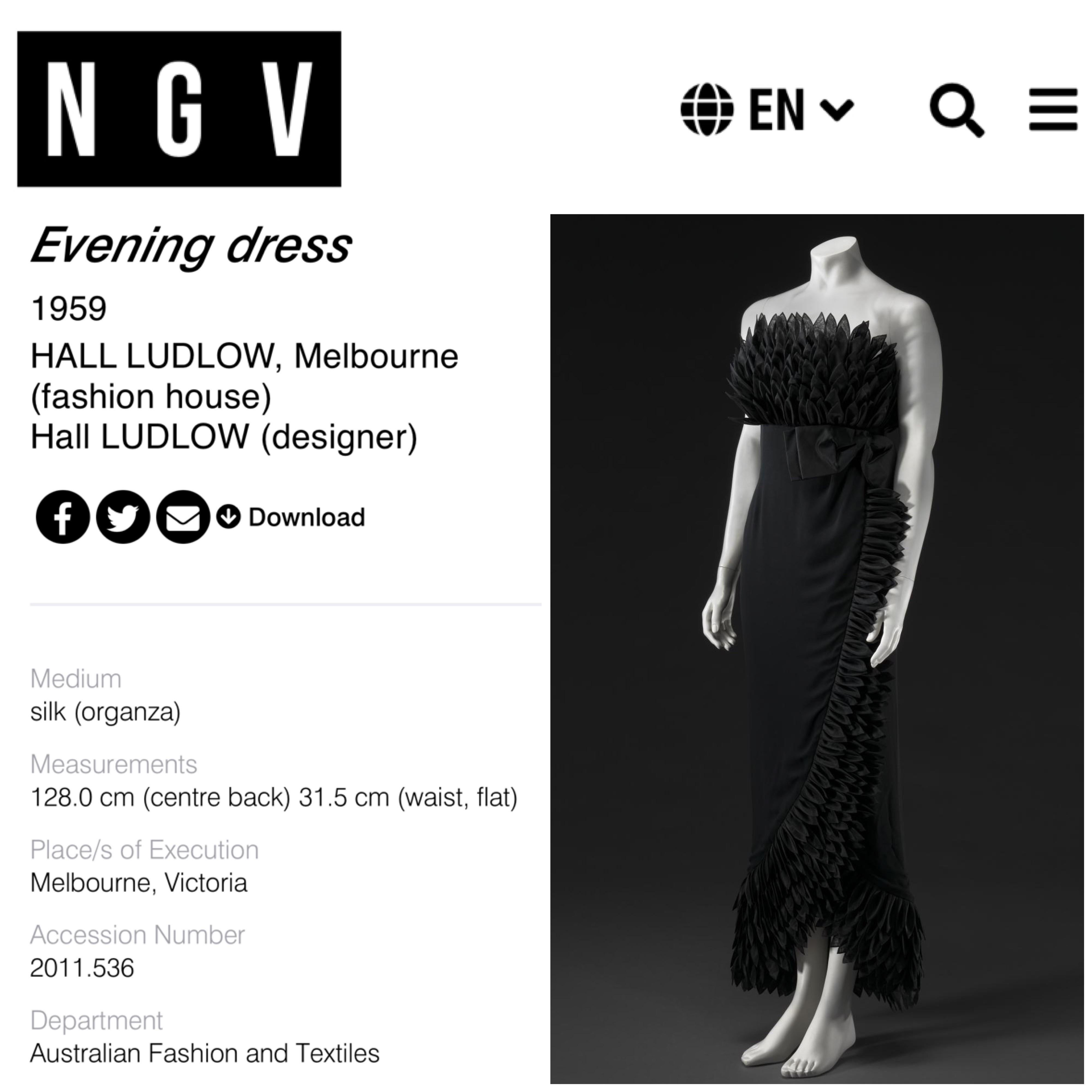 An incredibly beautiful and ultra rare Hall Ludlow for House of Karel black appliquéd petals black silk strapless gown dating back to his fall/winter 1959 collection. Often described as Australia’s first couturier, Hall Ludlow built a reputation for