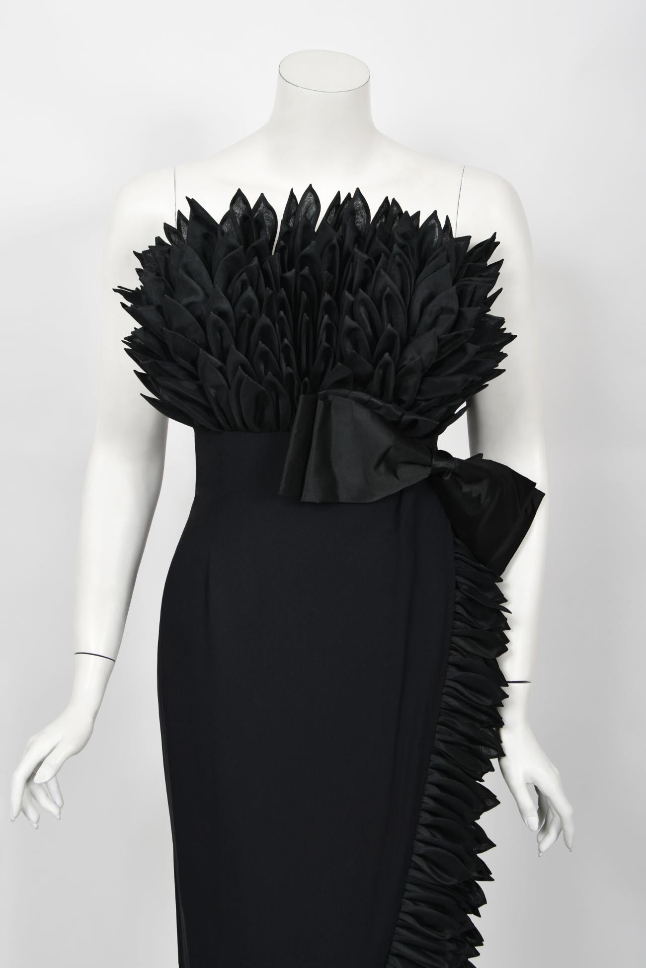 1959 Hall Ludlow Couture Museum-Held Black Silk Appliquéd Petals Hourglass Gown  7