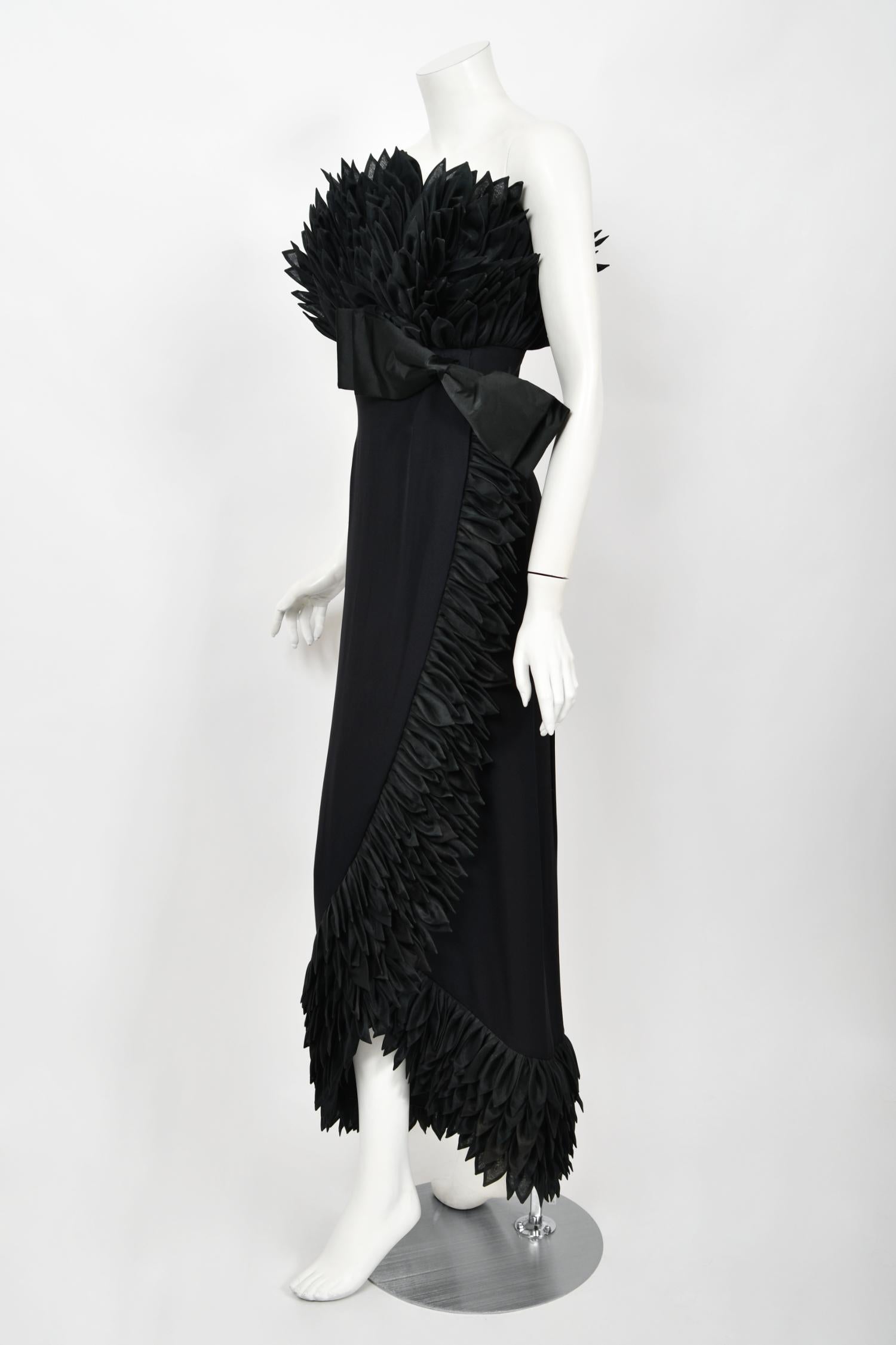1959 Hall Ludlow Couture Museum-Held Black Silk Appliquéd Petals Hourglass Gown  2