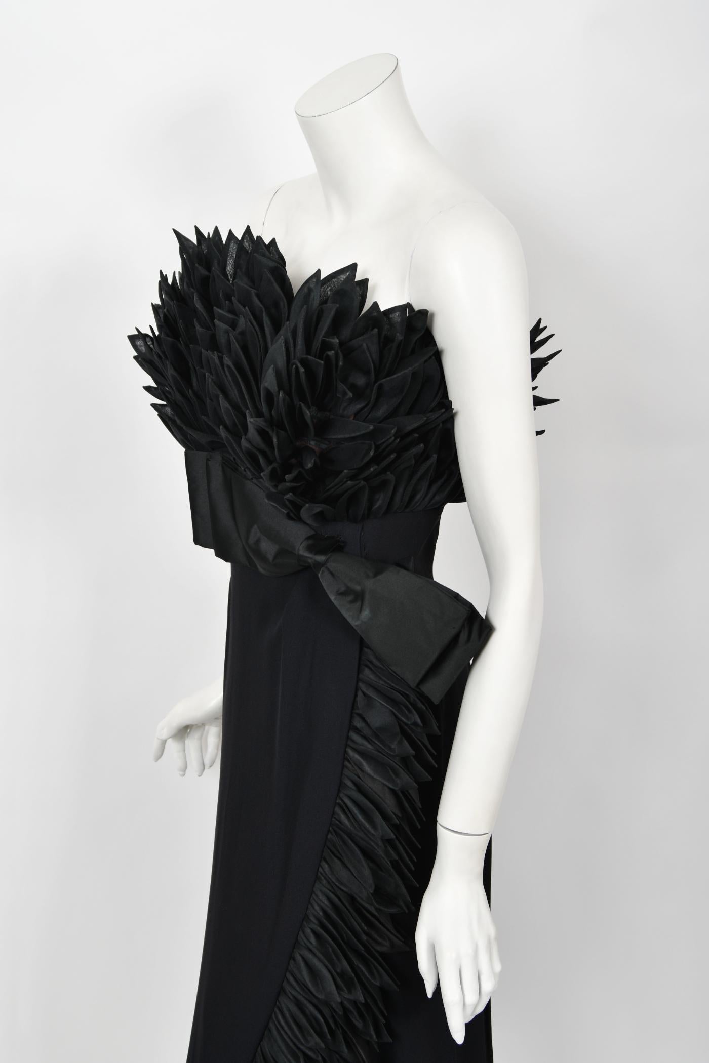 1959 Hall Ludlow Couture Museum-Held Black Silk Appliquéd Petals Hourglass Gown  3