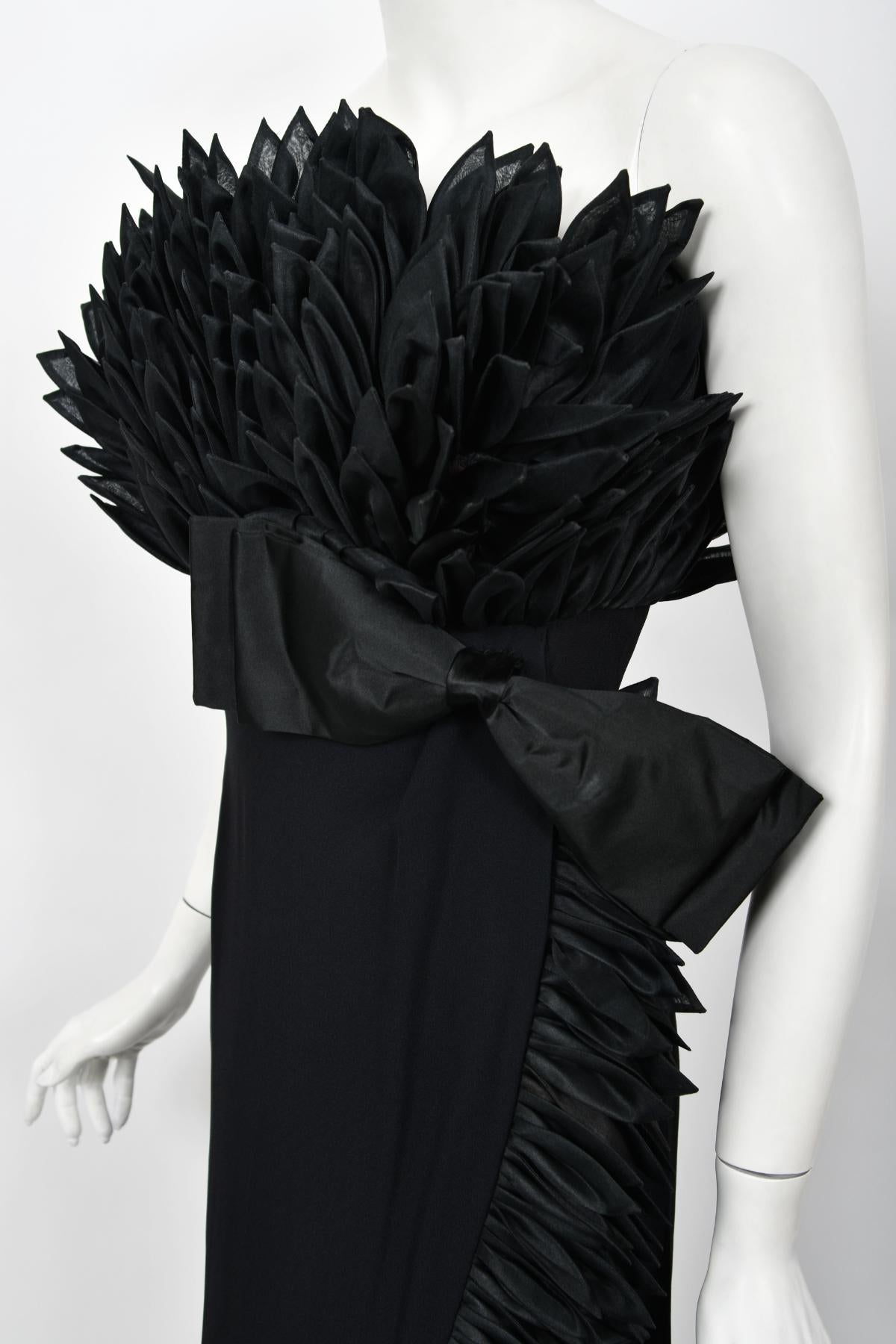 1959 Hall Ludlow Couture Museum-Held Black Silk Appliquéd Petals Hourglass Gown  4