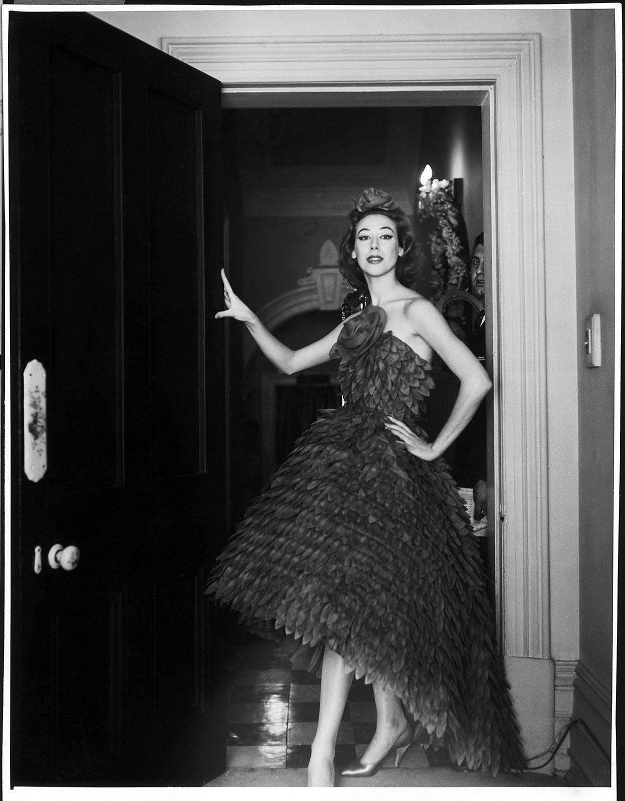 1959 Hall Ludlow Couture Museum-Held Black Silk Appliquéd Petals Hourglass Gown  5