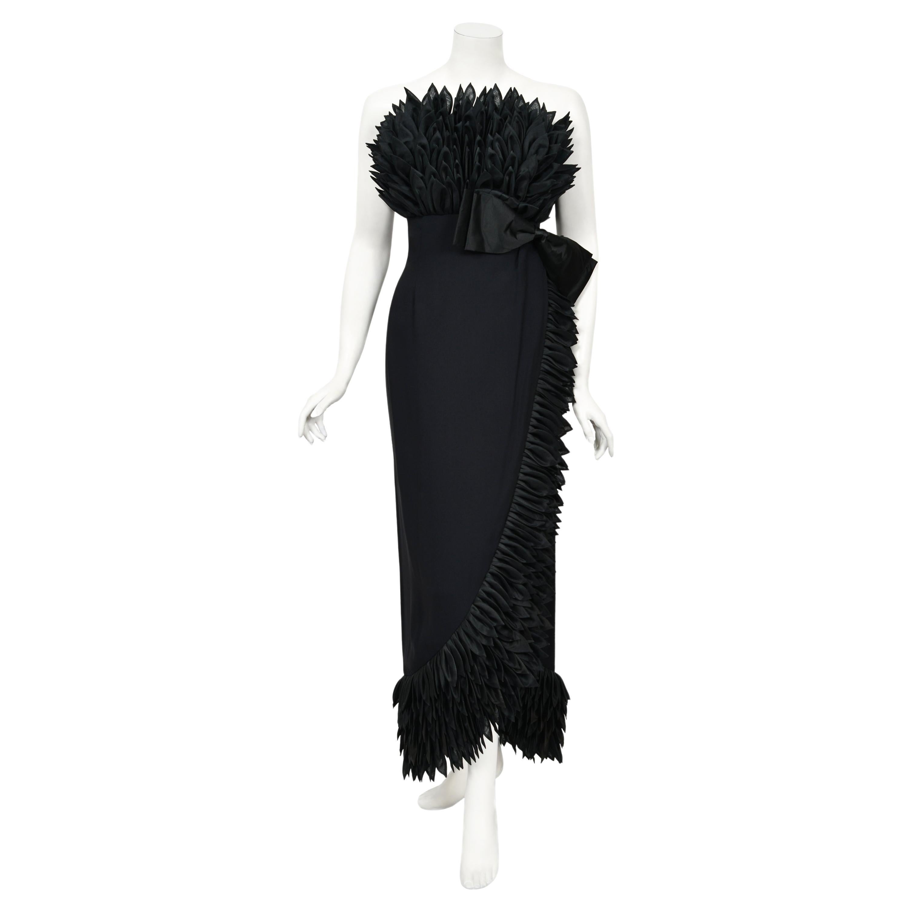 1959 Hall Ludlow Couture Museum-Held Black Silk Appliquéd Petals Hourglass Gown 