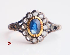 1958 Halo Ring natural 0.7ct Sapphire Diamonds solid 18K Gold Ø9.5US/3.7gr
