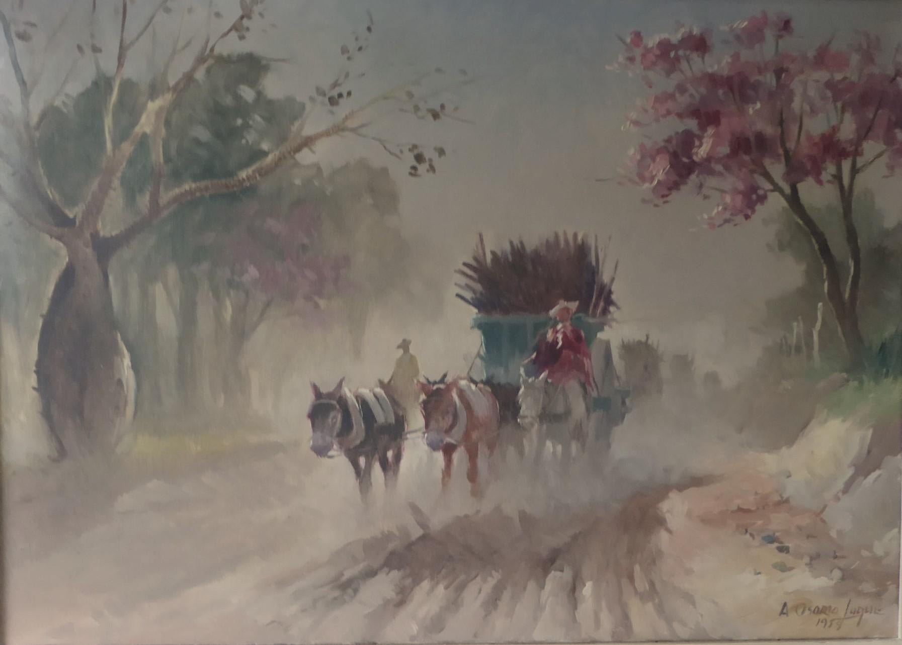 Ravissante huile sur toile latino-américaine de l'Argentin Antonio Osorio Luque datant de 1959. Appelé Palo Borracho, le nom argentin du Ceiba Speciosa ou arbre à soie.  Le sujet représente la 
