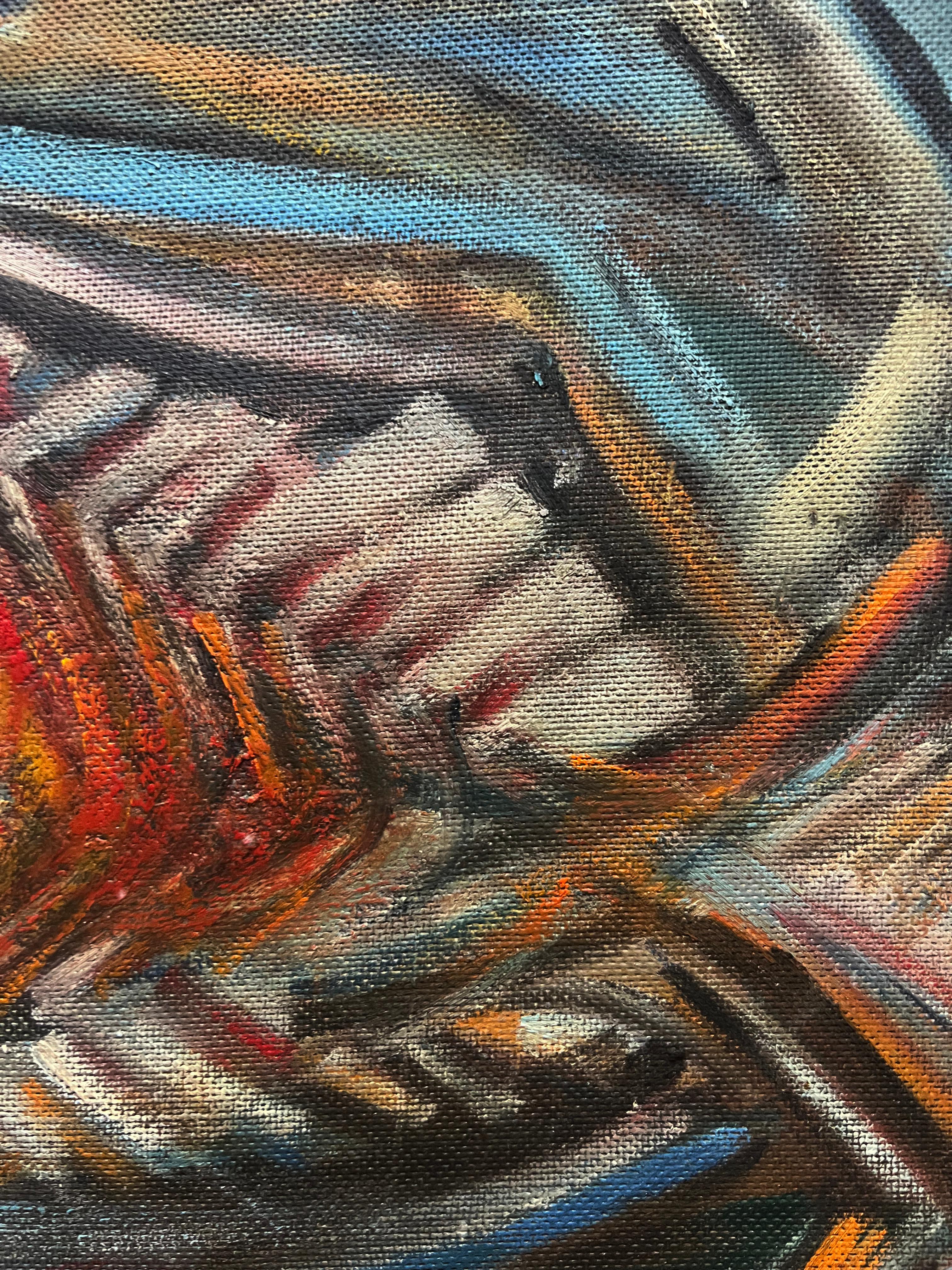 Hand-Painted 1959 Latin American School Abstract Cubist Fish Painting, W. Cabrera For Sale