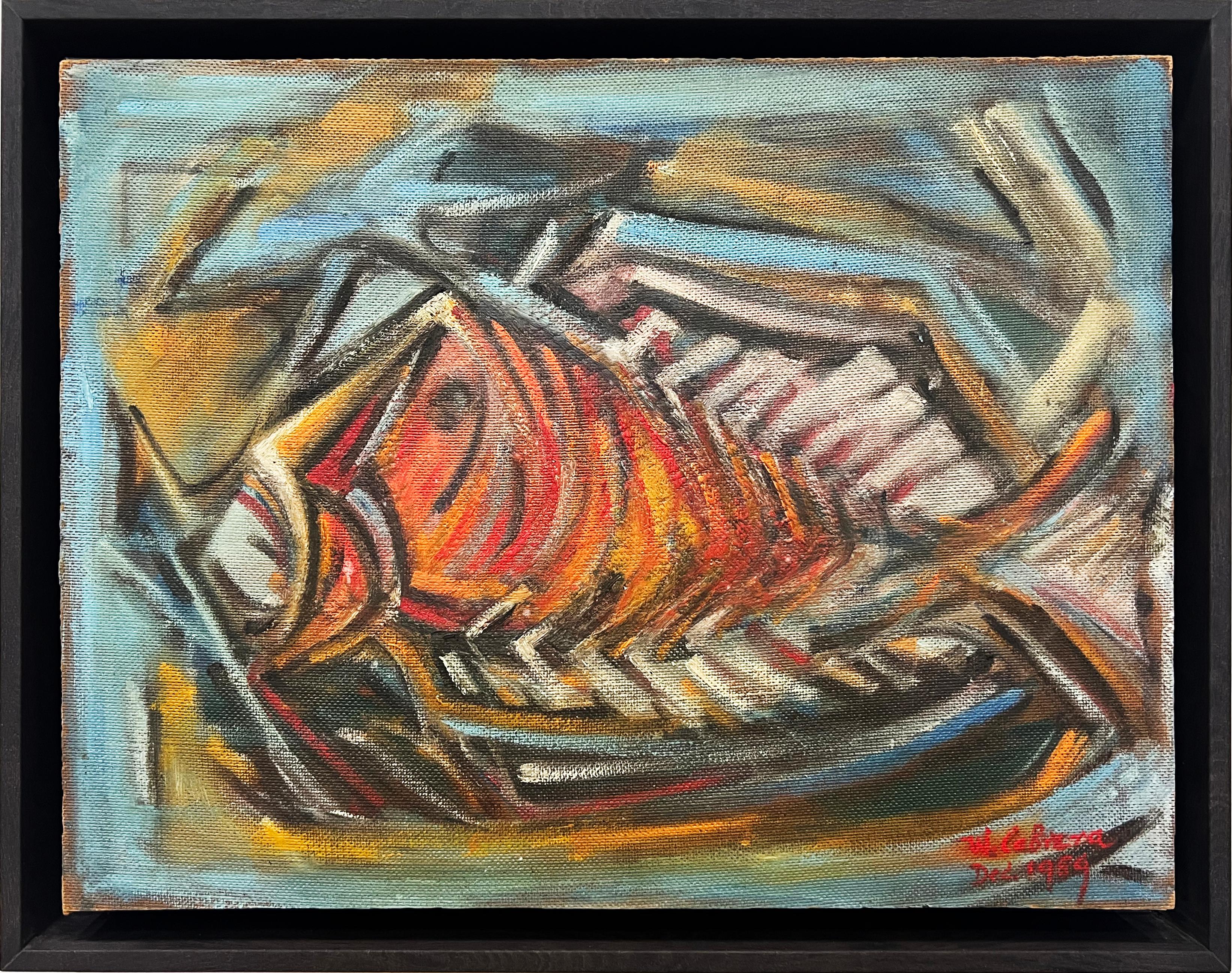 20th Century 1959 Latin American School Abstract Cubist Fish Painting, W. Cabrera For Sale