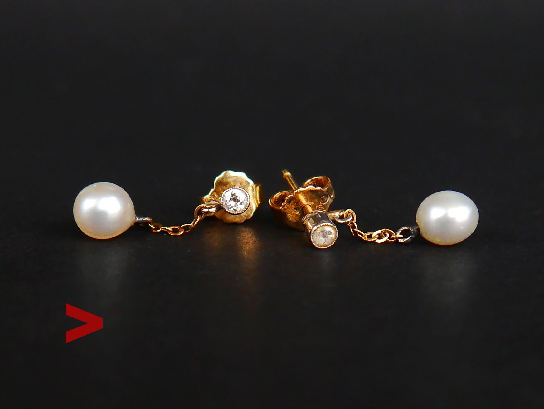 A pair of well crafted dangles with parts in 18K Orange Gold and Platinum with bezel set Diamonds and  Pearls.

Stoppers hallmarked with Stockholm's hallmarks and date code I9 / made in 1959. 

Diamonds of old European diamond cut Ø 3 mm /0.11ct