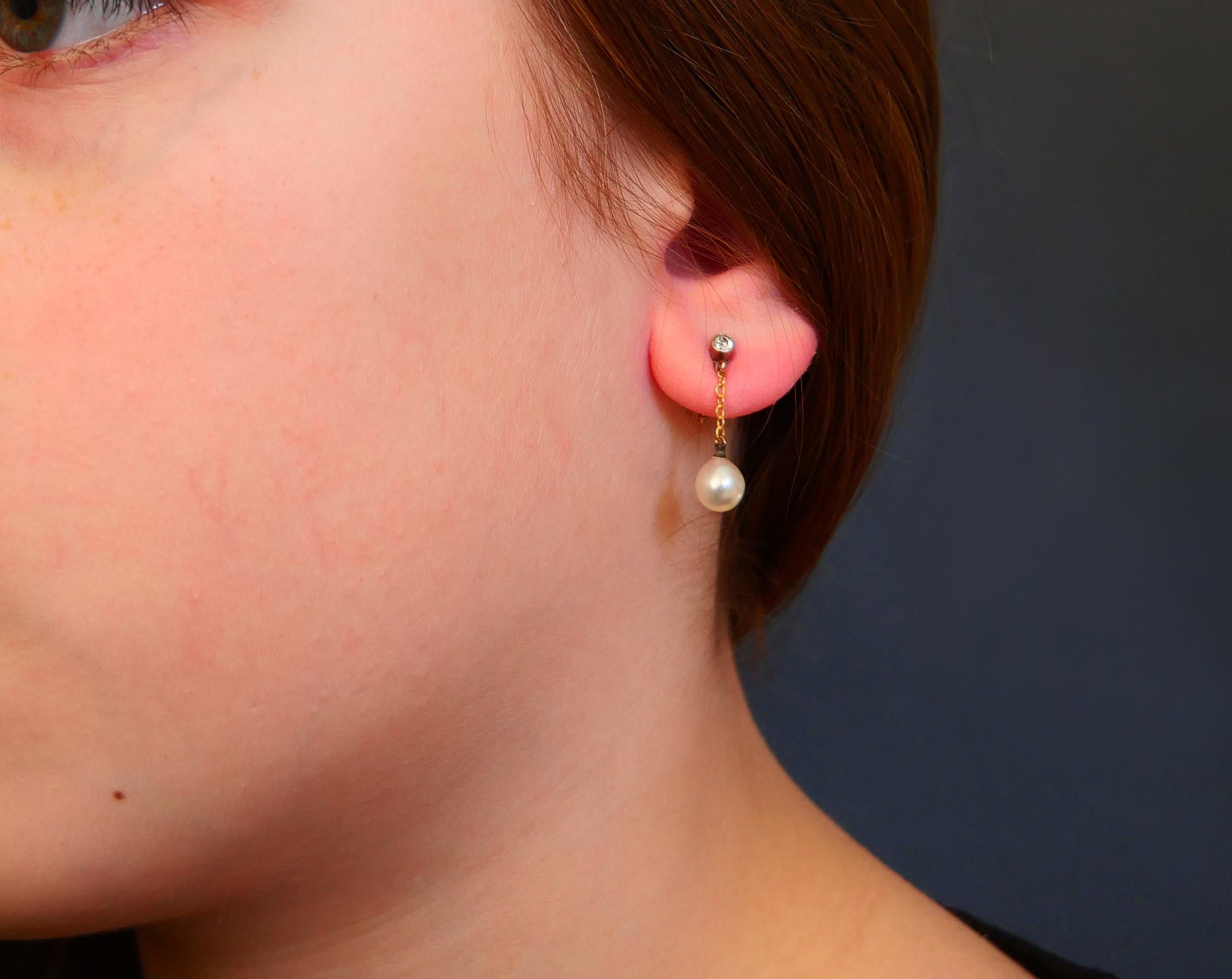 Retro 1959 Nordic Drop Dangle Earrings Diamonds Pearls 18K Gold Platinum / 2.3gr For Sale