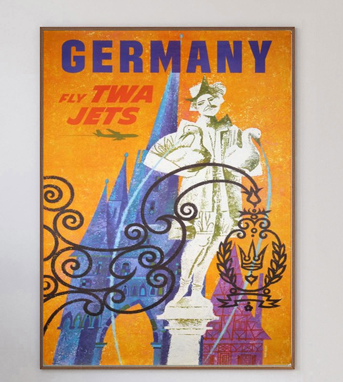 This poster was created in 1959 for Howard Hughes’ Trans World Airlines promoting their routes to Germany from the USA. Illustrated by influential American artist David Klein, this design features German landmarks such as the Gansemannchen Fountain
