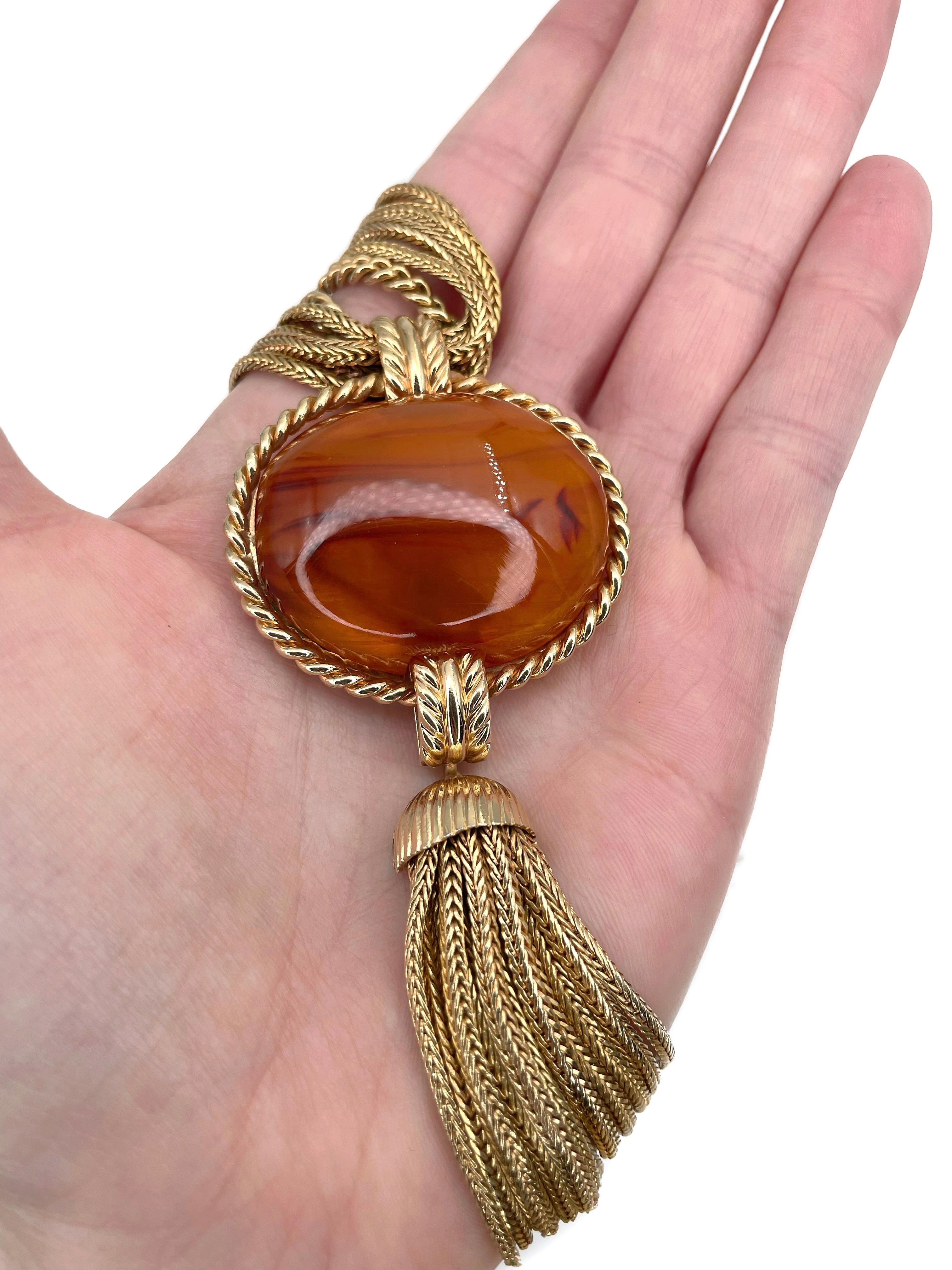 1959 Vintage Christian Dior Gold Ton Brown Harz Quaste Collier Halskette im Zustand „Gut“ in Vilnius, Vilniaus apskr.