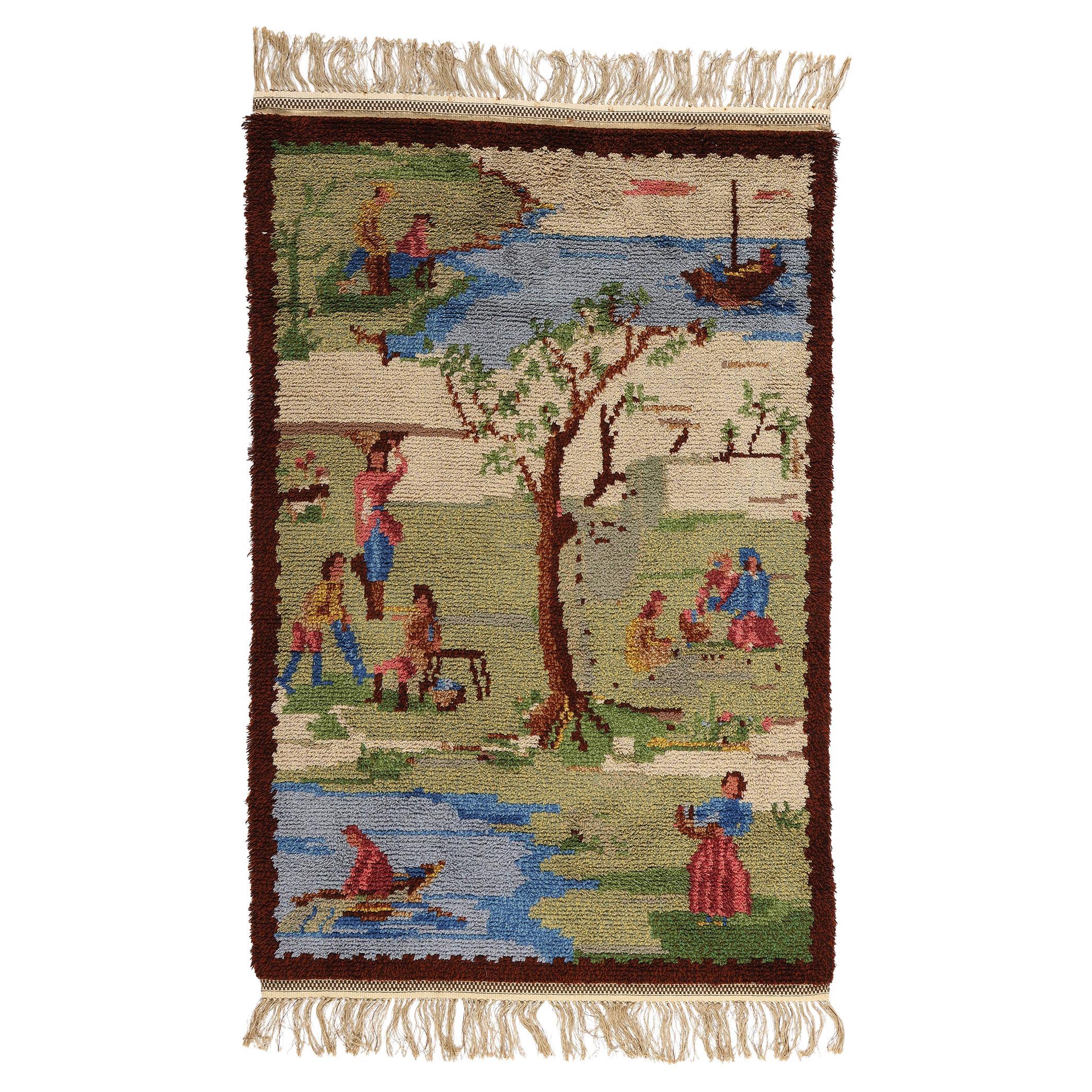 1959 Vintage Schwedisch Heitere Sommerbilder Gobeläng Ryamatta, 04'06 x 06'11 im Angebot
