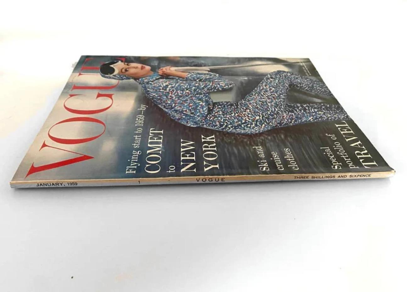 Vogue UK 1959 January Issue, photo Eugene Vernier, ski and cruise clothes, Tony Armstrong Jones. This issue's cover Vogue cover is one of the inspirational images behind Iain R Webb's coloring book

Features: BOAC Comet to New York, Cruising, The