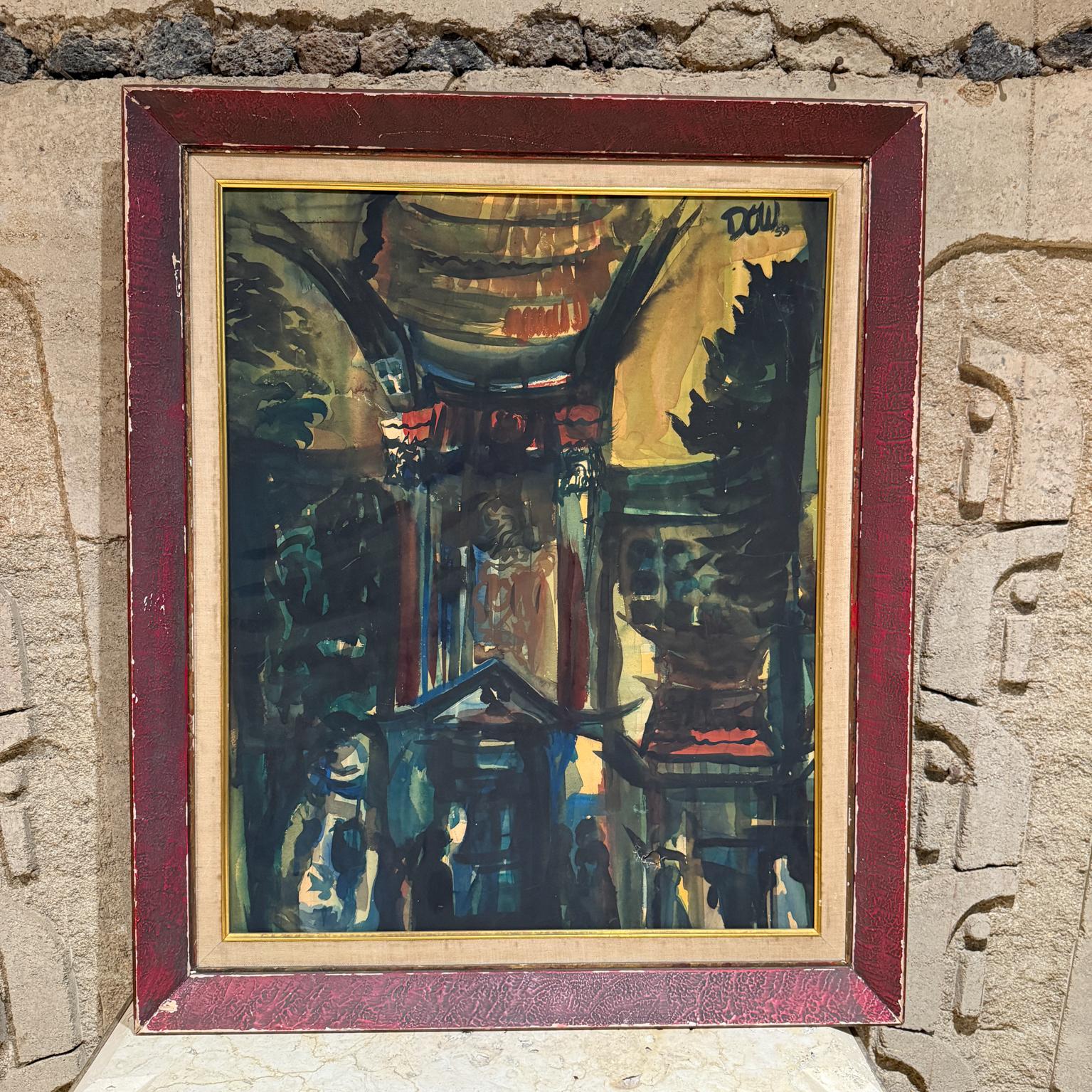 Pittura ad acquerello anni '50. Paesaggio architettonico astratto.
Firmato in alto a destra Dow 59.
Firmato a matita sul verso
Incorniciato da Duane 8-18-64
36 h x 30 l x 2,5 d art 23,5 l x 29,5
Originale, non restaurato, d'epoca, revisione delle