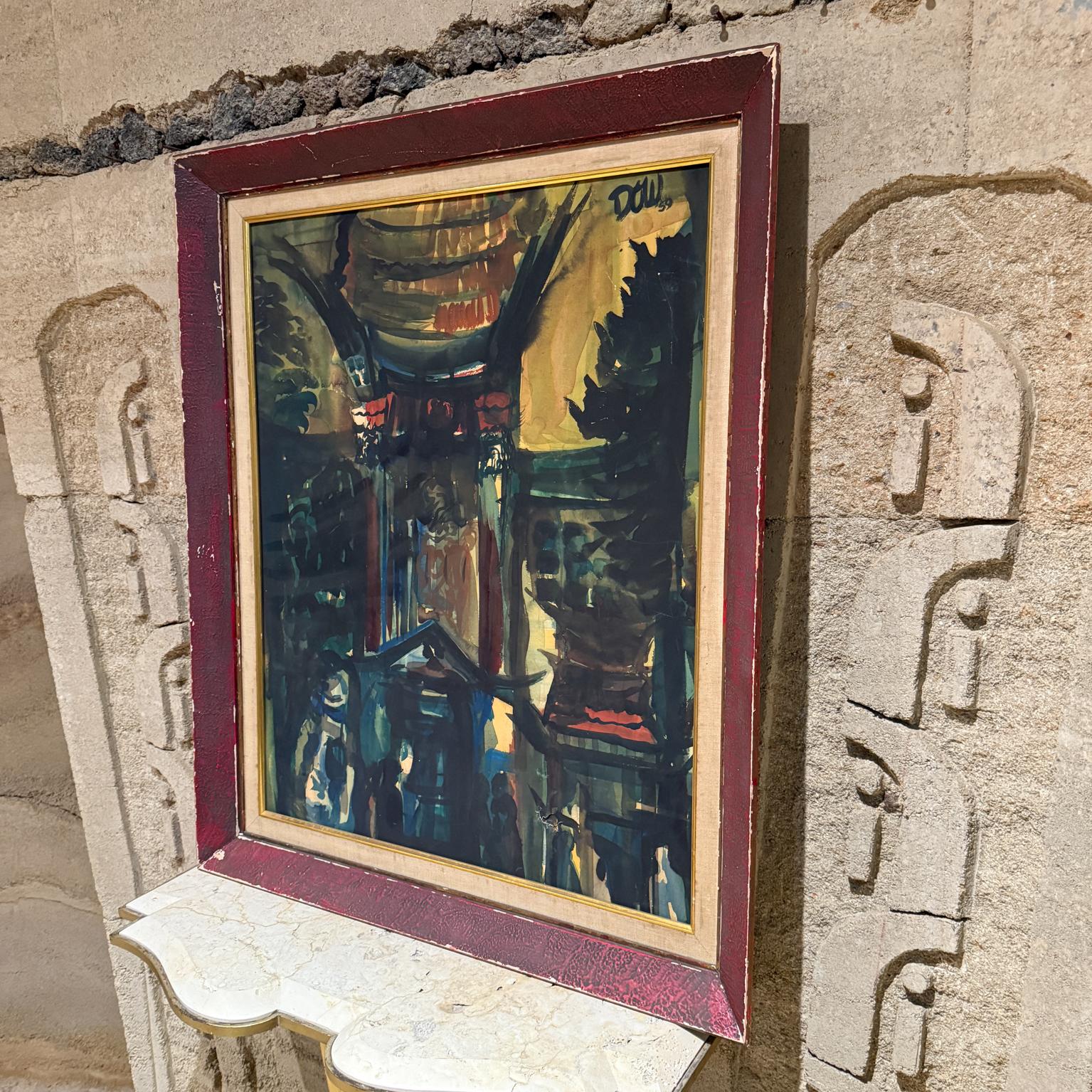 Mid-Century moderno 1959 Pittura architettonica astratta ad acquerello firmata Dow in vendita