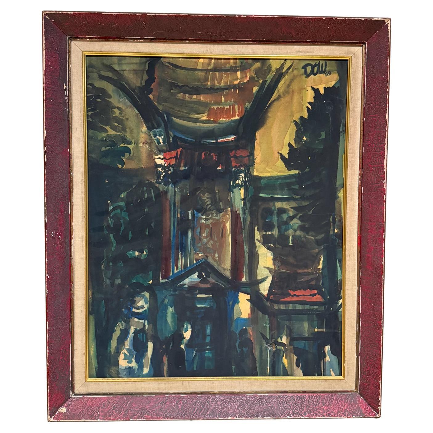 1959 Pittura architettonica astratta ad acquerello firmata Dow in vendita