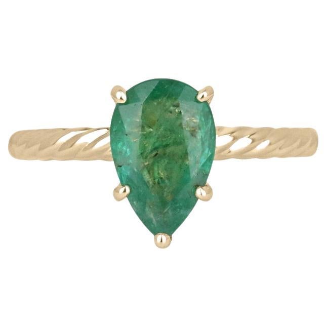 1.95ct 14K Pear Cut Emerald Solitaire Ring - Lush Green Twisted Band Yellow Gold For Sale