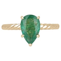 1.95ct 14K Pear Cut Emerald Solitaire Ring - Lush Green Twisted Band Yellow Gold