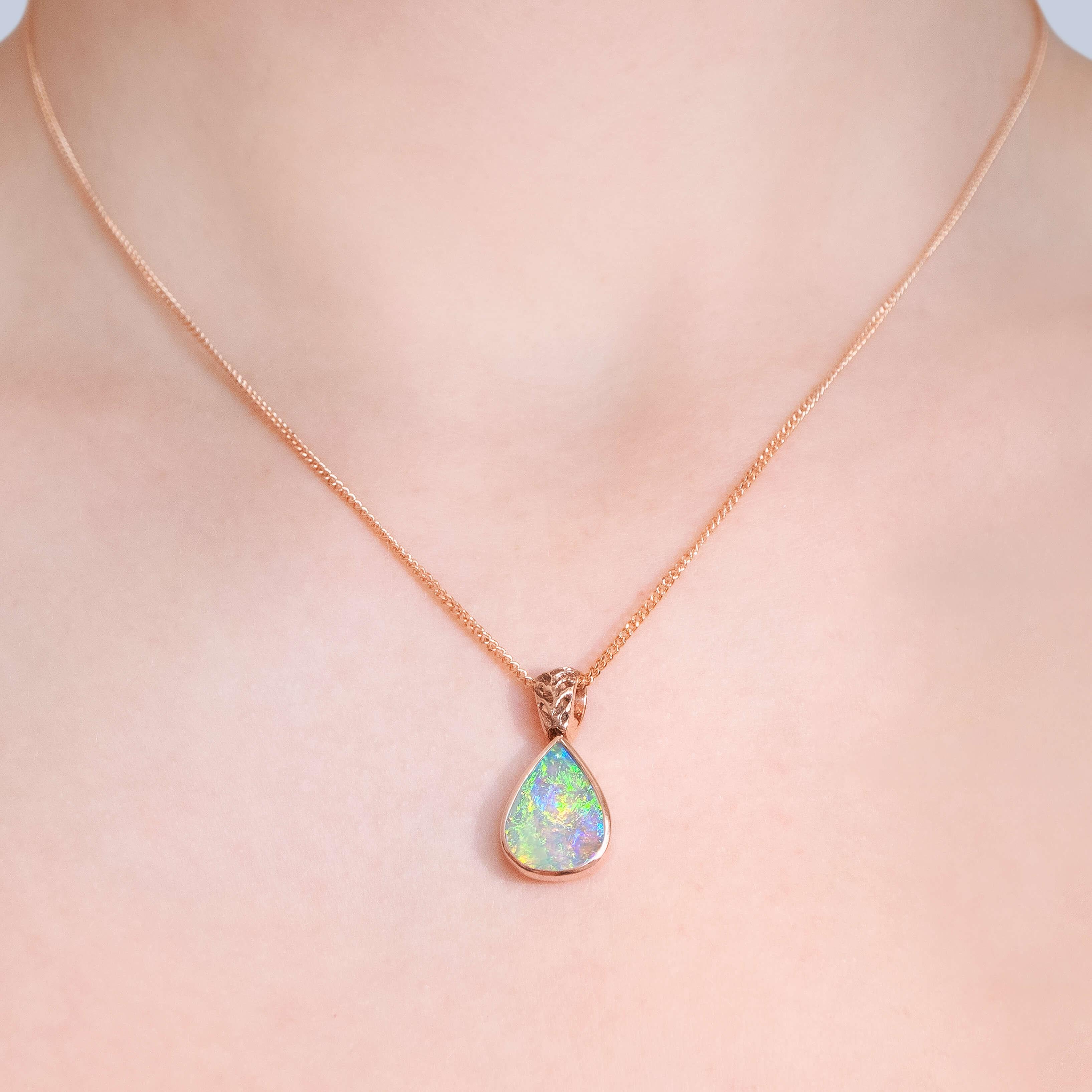 Pear Cut 1.95 Carat Australian Crystal Opal & 18k Rose Gold Necklace For Sale