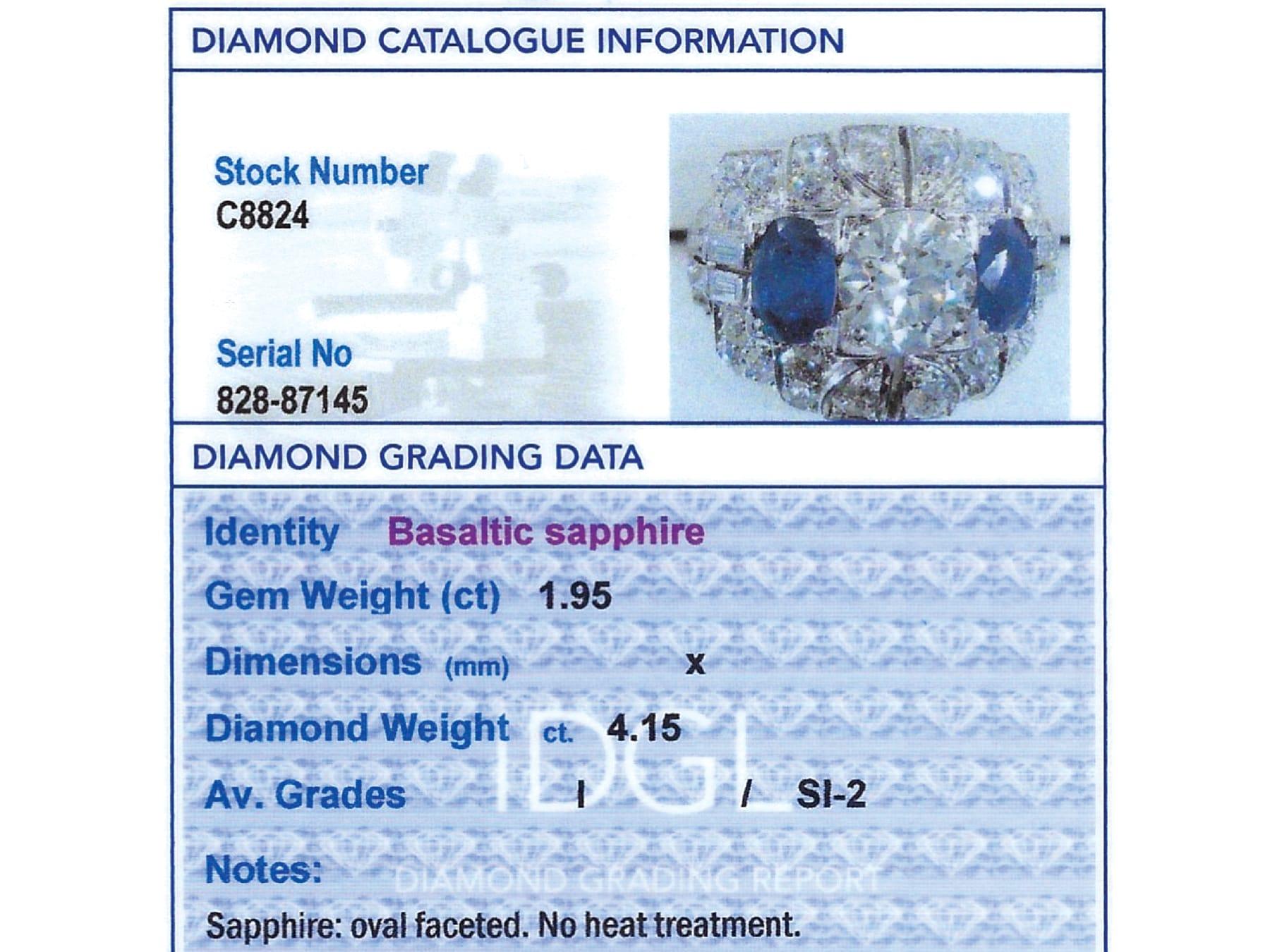 1.95Ct Basaltic Sapphire and 4.15Ct Diamond, Platinum Dress Ring Circa 1930 For Sale 8