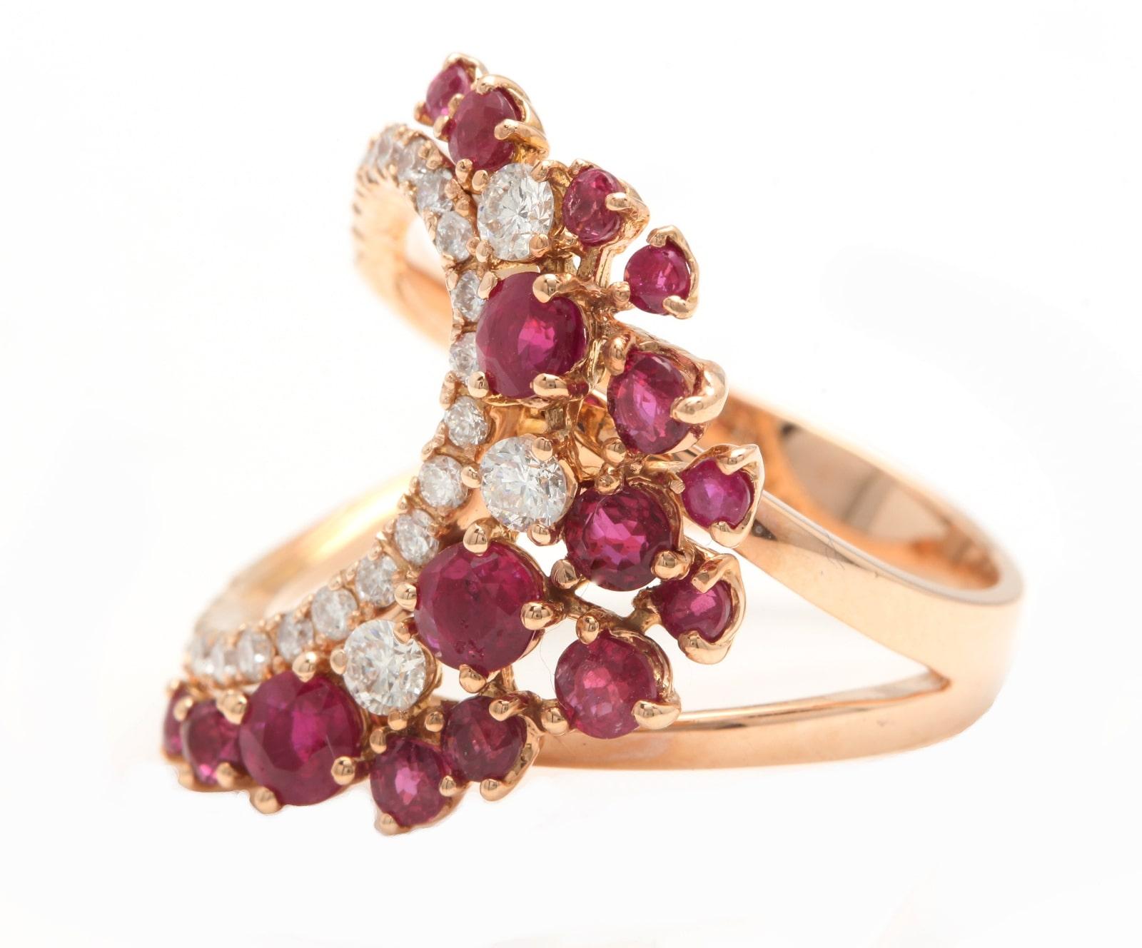 Impressive 1.80Ct Natural Ruby and Natural Diamond 14K Rose Gold Ring

Suggested Replacement Value: Approx. $5,000.00

Ruby Treatment: Heat

Total Round Ruby Weight is: Approx. 1.40ct

Natural Round Diamonds Weight: Approx. 0.40 Carats (color G-H /