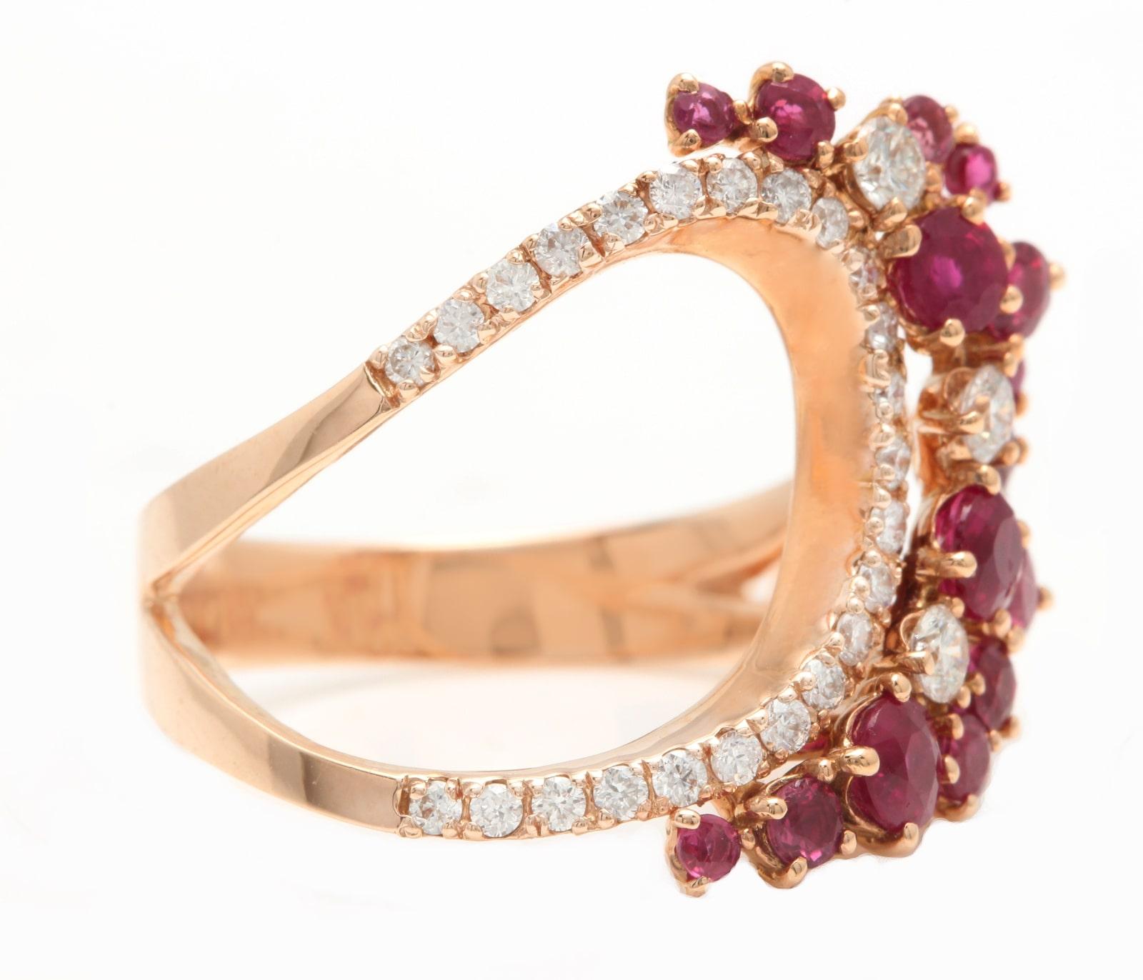 Mixed Cut 1.80Ct Natural Ruby and Diamond 14K Solid Rose Gold Ring For Sale