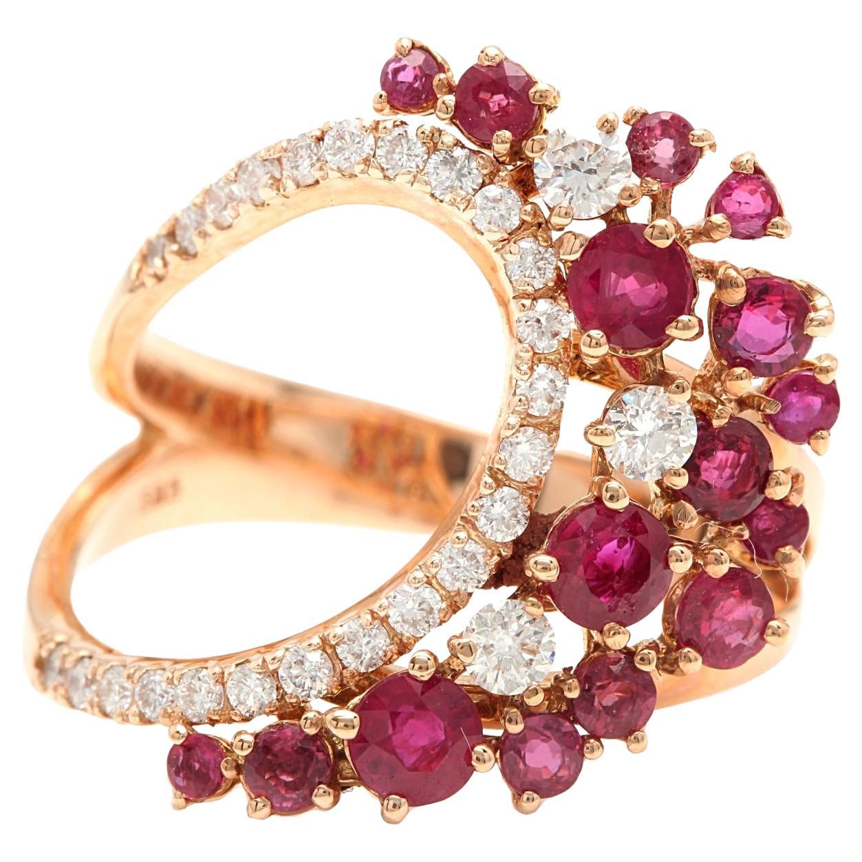 1.80Ct Natural Ruby and Diamond 14K Solid Rose Gold Ring For Sale