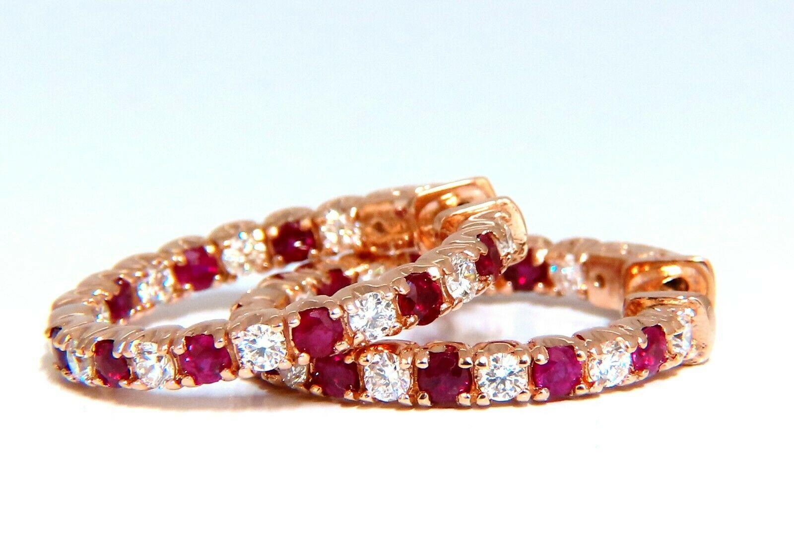 1.95ct Natural Ruby Diamonds Hoop Earrings 14kt Rose Gold Inside Out For Sale 1