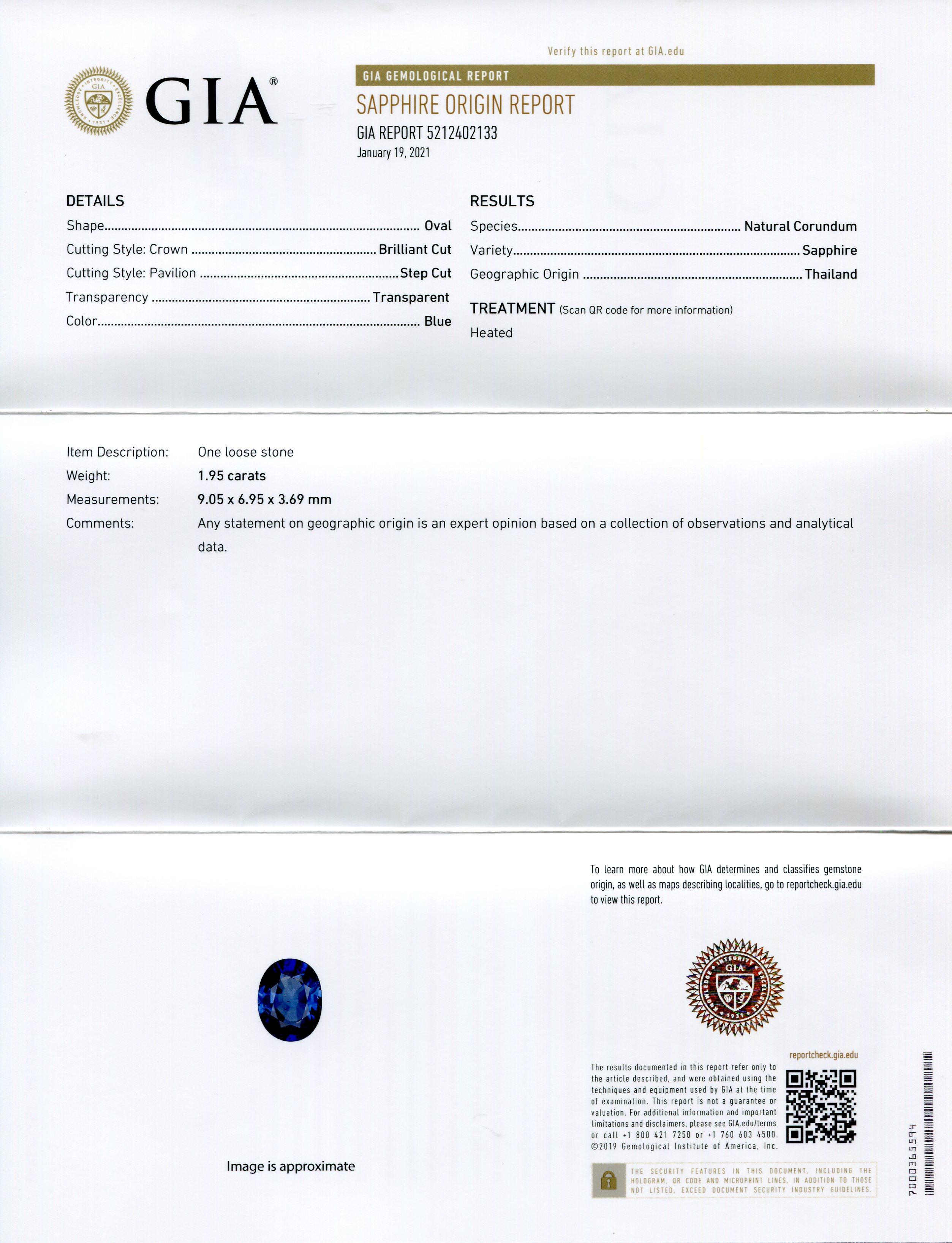 1,95ct Ovaler Blauer Saphir GIA zertifiziert Thailand Herren
