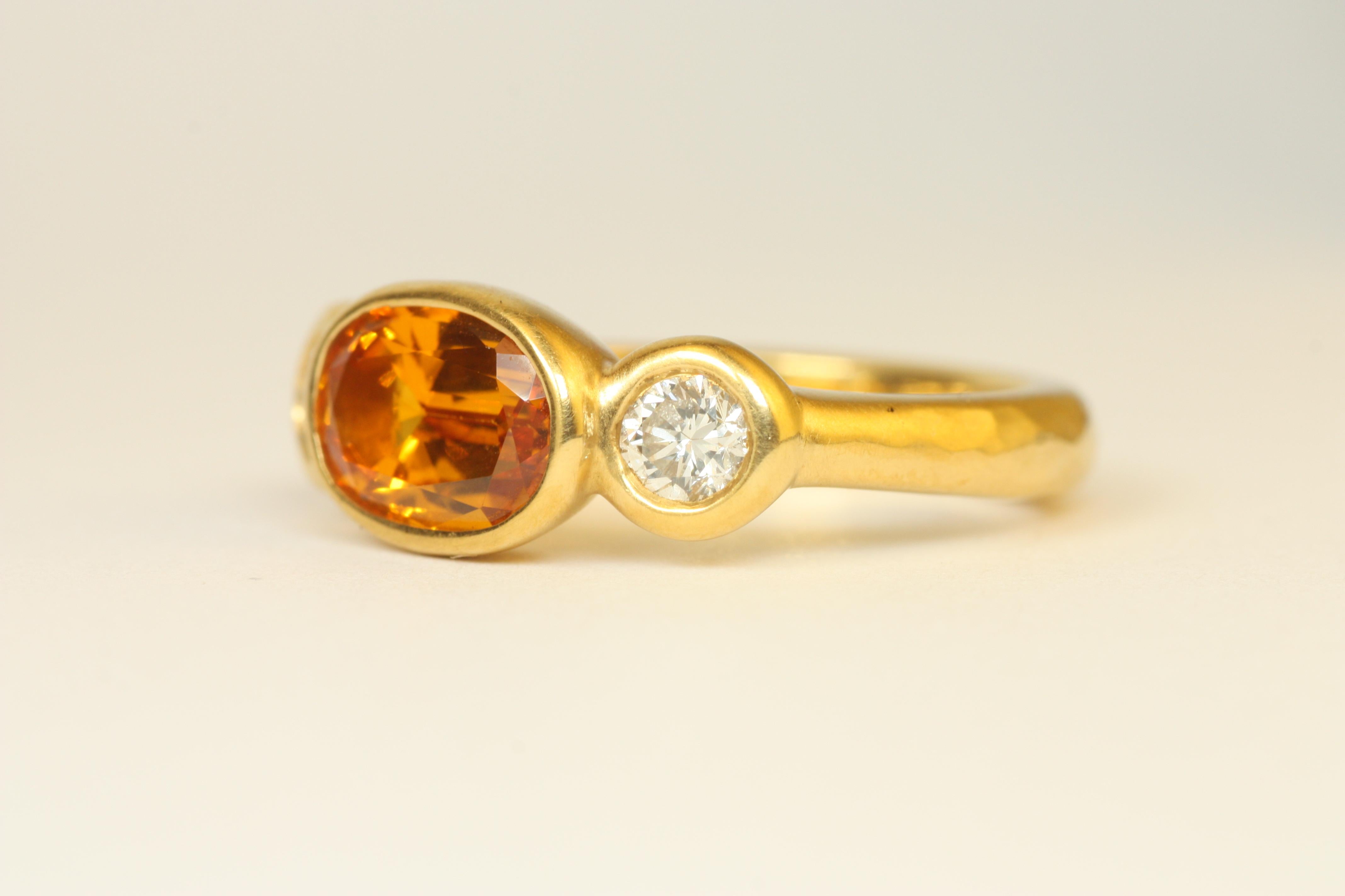 Modern 1.95ct Oval Yellow Sapphire & 0.42ct Round Cut Diamond 22K Gold 3-Stone Ring For Sale